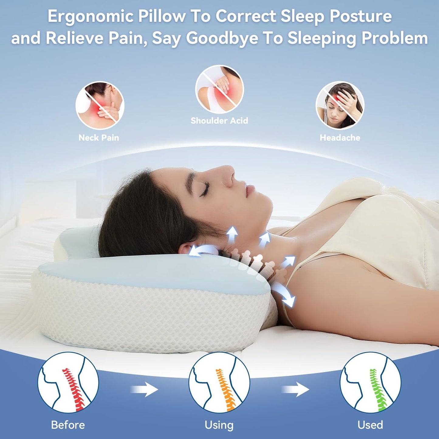 Cervical Pillow for Neck and Shoulder Support, Memory Foam Ergonomic Contour Orthopedic Bed Pillows with Adjustable Height & Breathable Pillowcase for Side, Back, Stomach Sleepers(Blue)