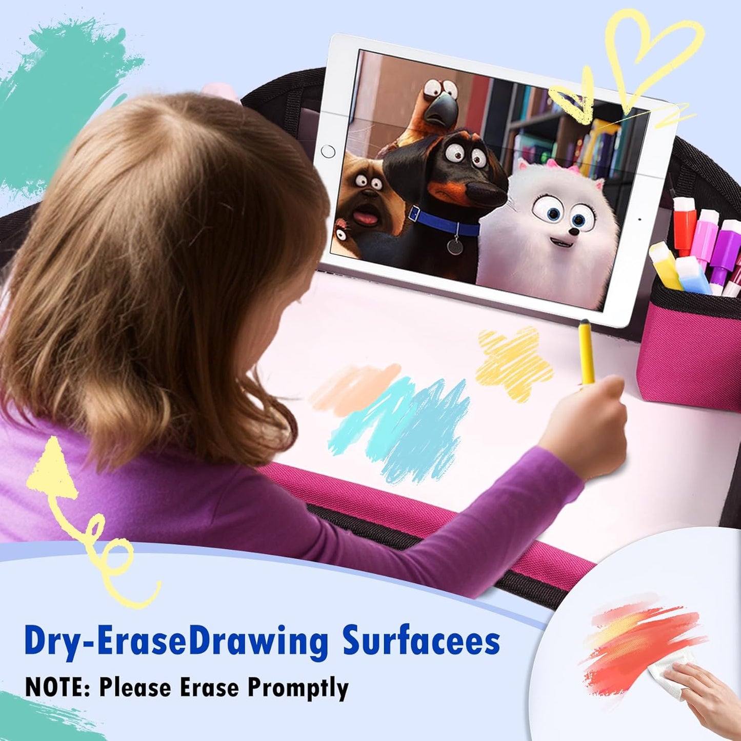 Kids Travel Tray for Airplane - Toddler Car Seat Table Tray, Road Trip Essentials for Boys & Girls, Carseat Lap Desk for Kids Road Trip Activities (Pink-2PCS)