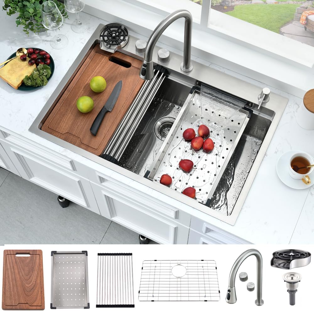 33 Inch Waterfall Drop In Kitchen Sink with Fuacet Combo-Bokaiya 33x22 Waterfall Kitchen Sink with Cup Washer Stainess Steel Top Mount 16 Gauge Multifunctional Deep Single Bowl Modern Kitchen Sinks