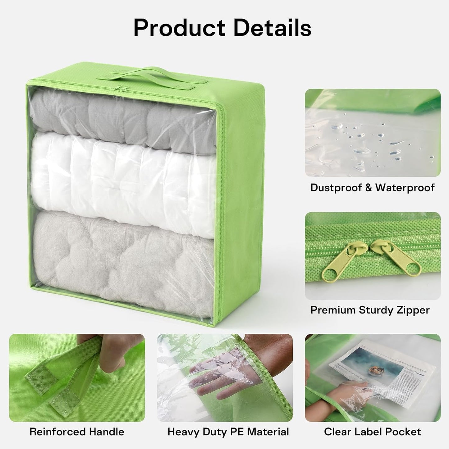 Clothes Storage Bags, Foldable Thick Fabric Blanket Storage Bags, Large Clear Window & Carry Handles, Great for Clothes, Blankets, Closets, Pillows, Toys (Green, Extra-4Pack)