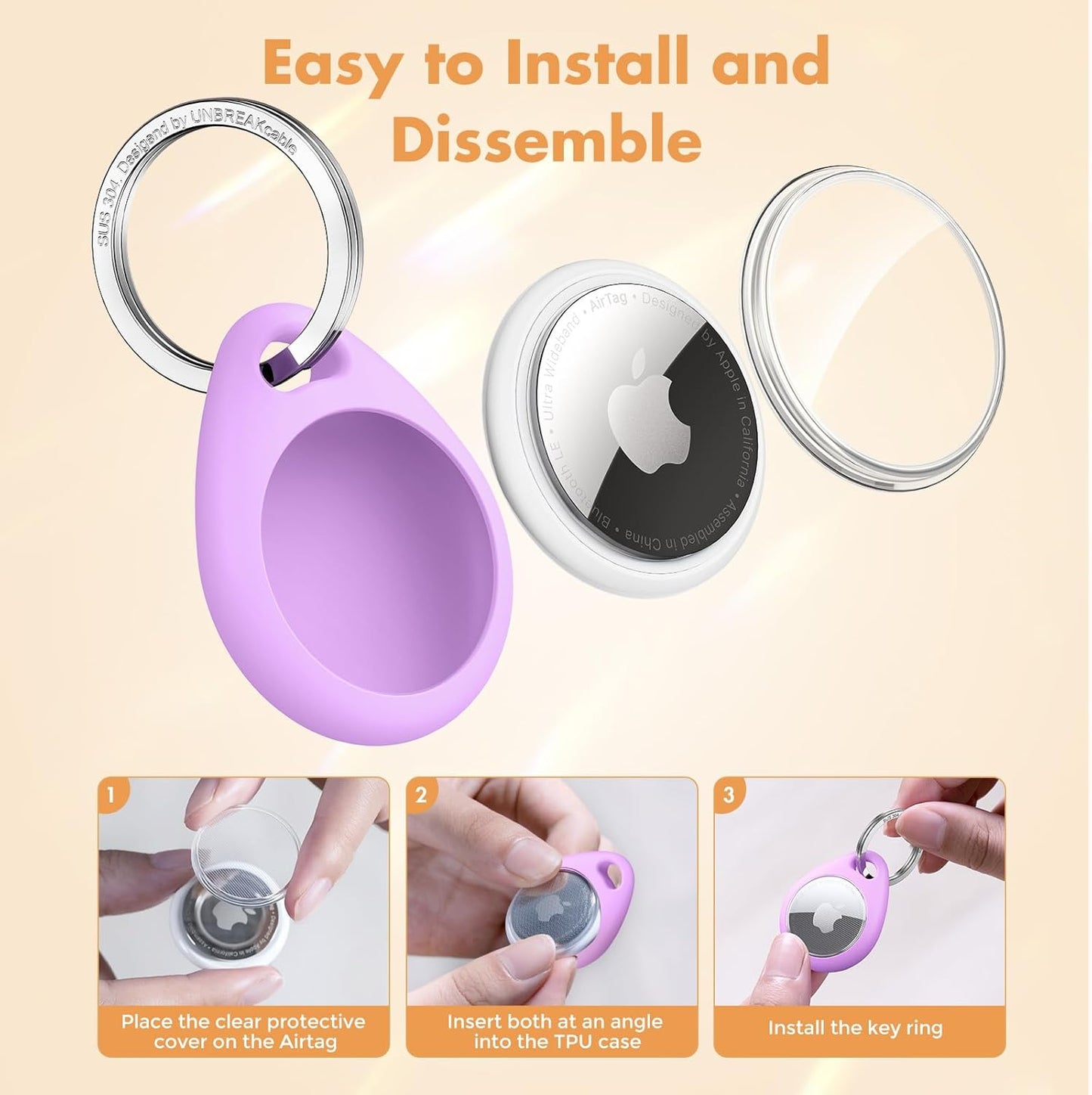 UNBREAKcable Holder for Apple AirTag with 304 Stainless Steel Keychain Key Ring - 4 Pack [Fit Tightly Design] [Easy to Install] [Hold Air Tag Securely] Waterproof TPU Shell Protective Case, 4 Color