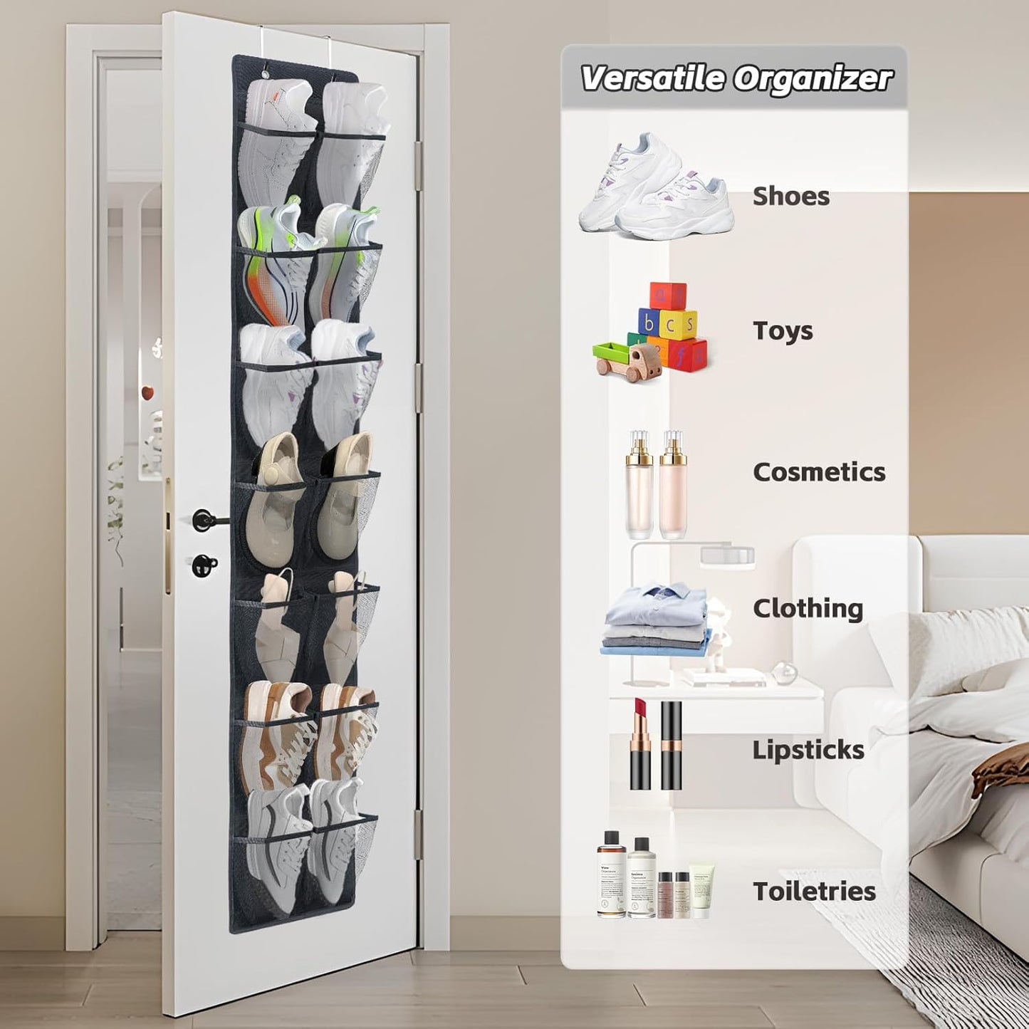 Over The Door Shoe Organizer, 14 Large Mesh Pockets Hanging Shoe Rack for Closet Organizers and Storage, 2-pack (black)