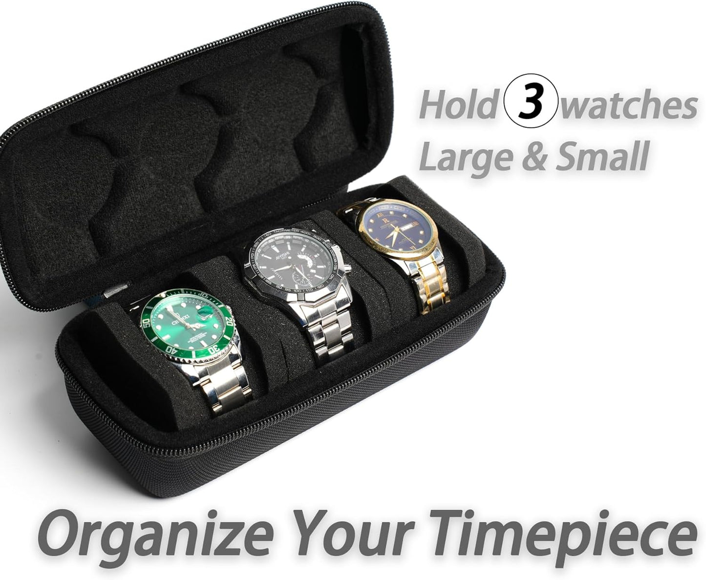3 watch travel case roll, Hard watch carry case roll display storage organizer box for men and women with soft foam pillows snug fit all size watches up to 60mm face