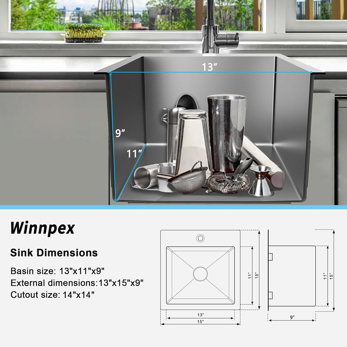 15x15 inch Drop in Bar Sink, 15 inch Small Kitchen Sink Topmount 18 Gauge Single Bowl Stainless Steel Bar Sink with Basket Strainer Drain & Bottom Grid