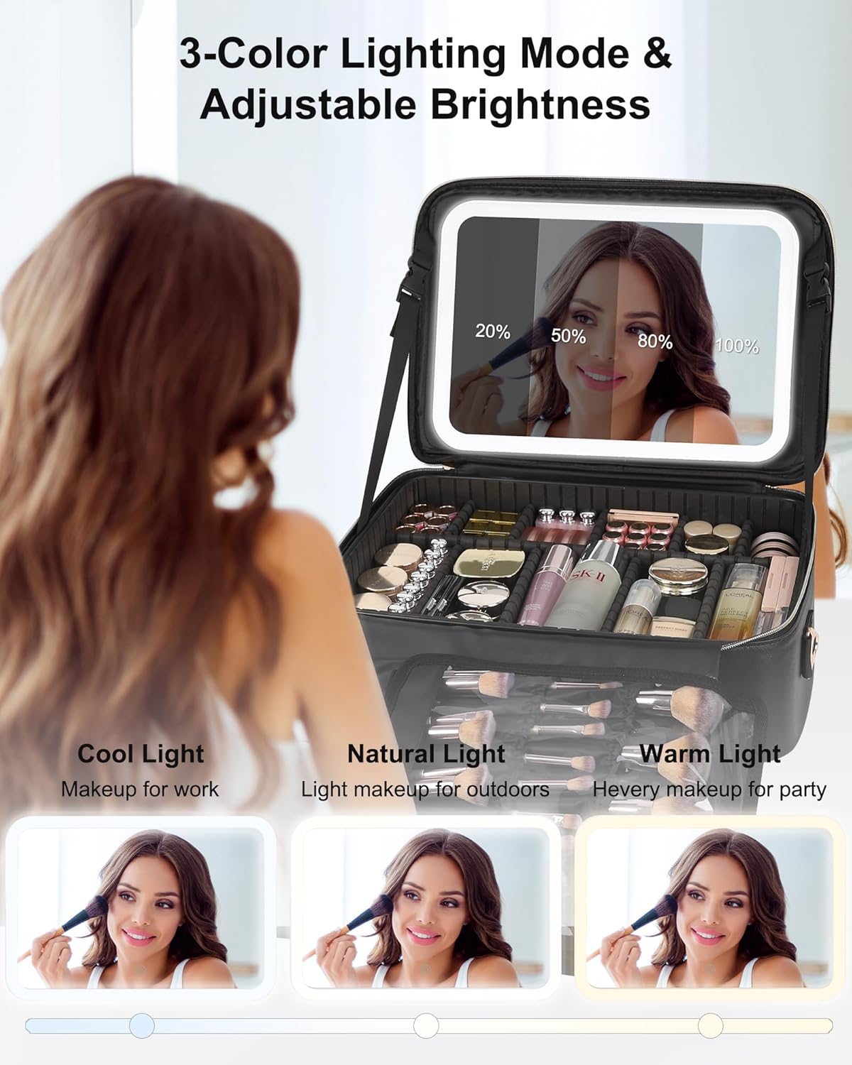 Relavel Travel Makeup Bag With LED Mirror, 16.2" Large Makeup Train Case, 3 Color Scenarios Adjustable Brightness, Waterproof Makeup Train Case Organizer with DIY Dividers for Makeup Artist, Black