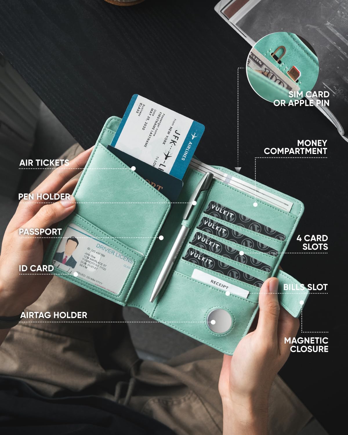 VULKIT Passport Holder with Airtag Holder RFID Blocking Passport Wallet Travel Leather Passport for Women(Mint Green)