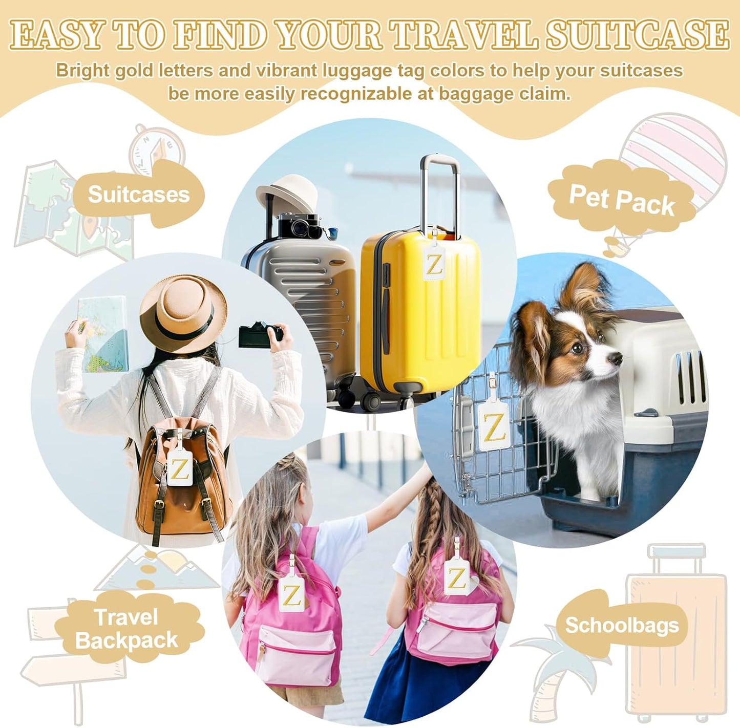 Personalized Initial Luggage Tags for Suitcase TSA Approved, White Leather Cute Luggage Tag with Privacy Cover Name Card, Embroidered Custom Luggage Tags Travel Baggage Tags Gifts for Women Kids(Z)