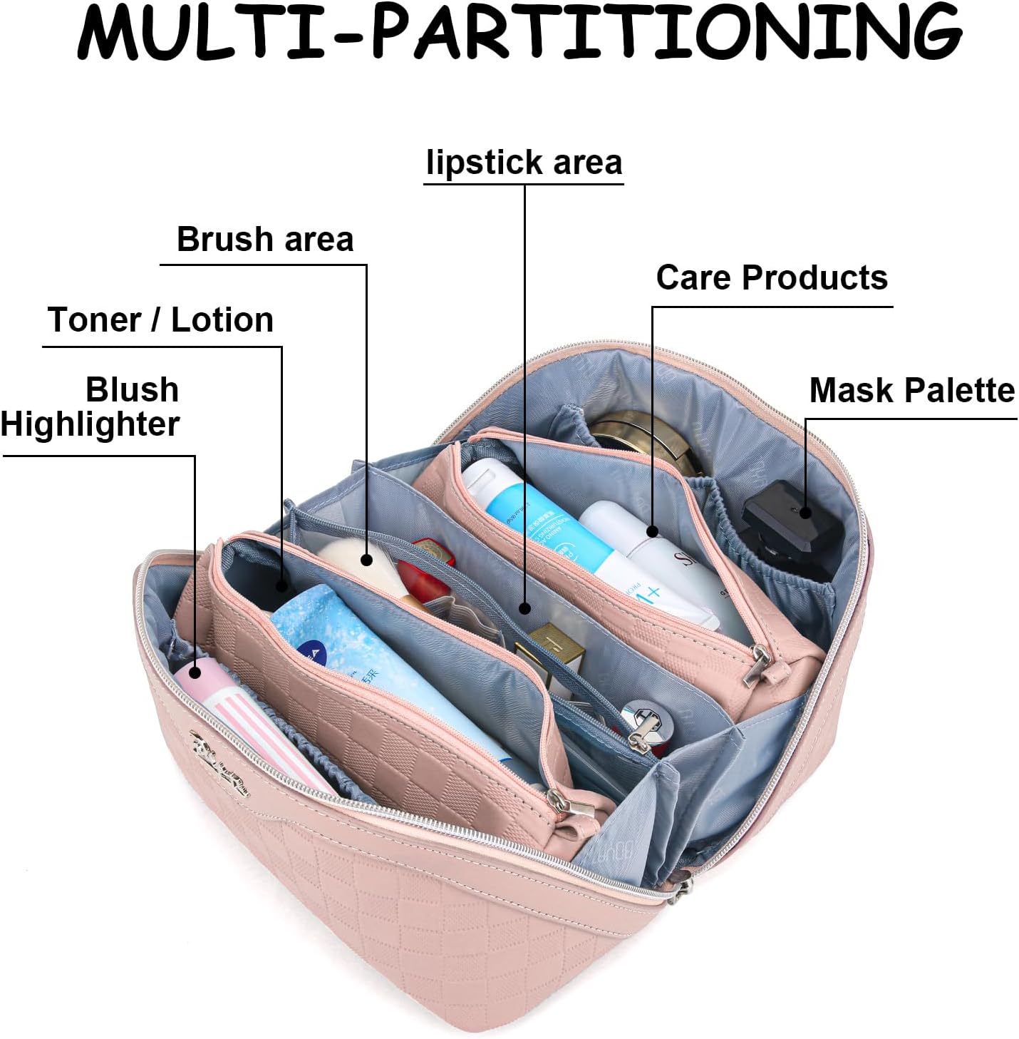 Travel Makeup Bag Organizer Cosmetic Bag: 3 Pcs Set Make up Bags for Women with Handle - Waterproof Vegan Leather Toiletry Bags with Comparments (C-05-Pink)