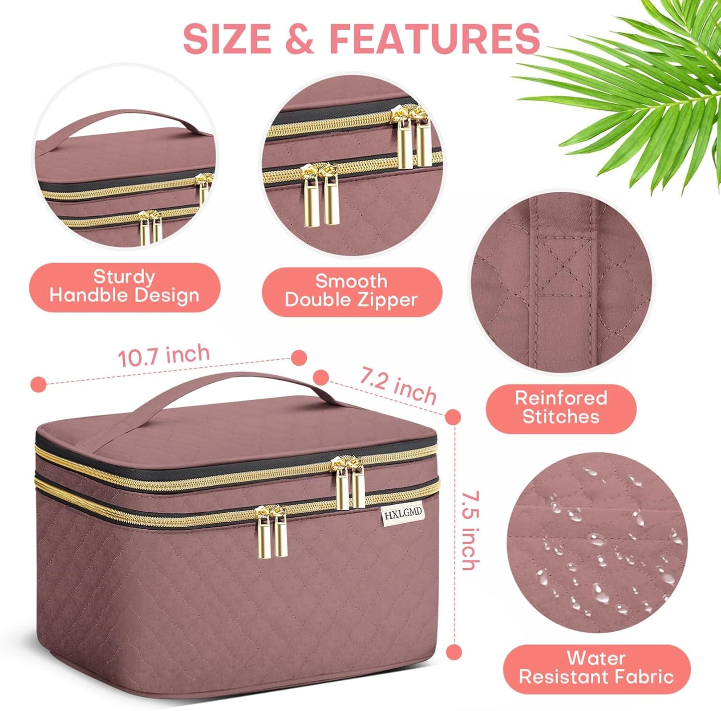 Large Makeup Bag with Mirror Double Layer Travel Make Up Organizer Case, Large Capacity Coemetic Bag with Brush Slot Divider