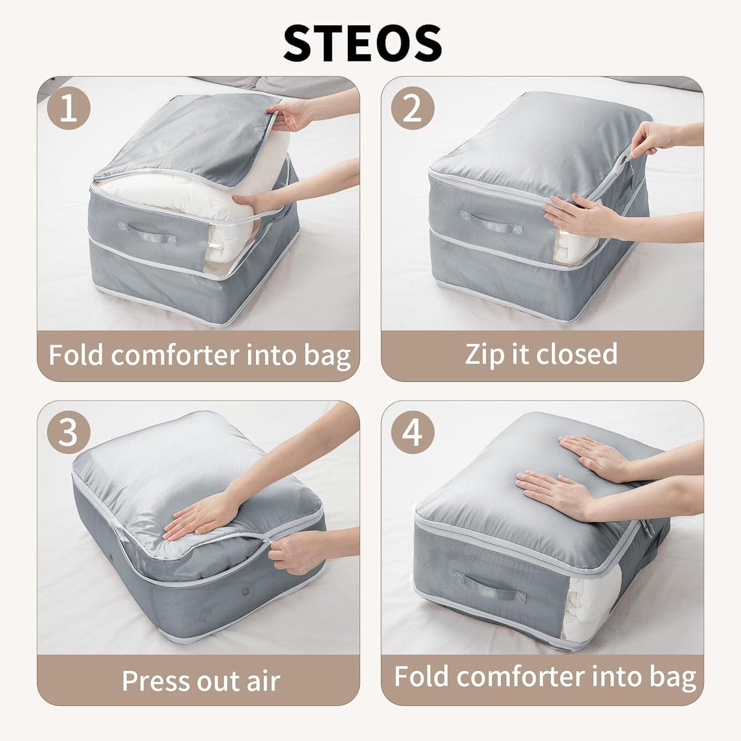 DIMJ Comforter Storage Bag - Large Capacity Ultra Space Saving Self Compression Organize for Duvet, Pillow, Bedding, Blanket Storage Organizer Nylon Compression Bags, Sheet Storage with Zipper, 4 Pack