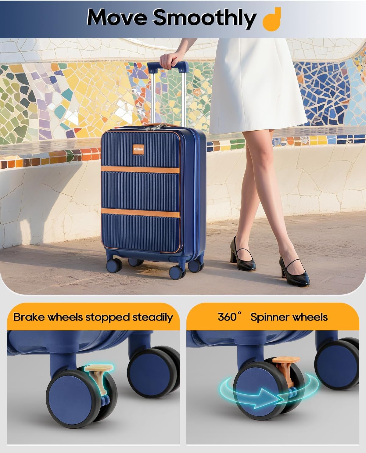 Joyway Carry on Luggage Airline Approved with Front Pocket, Hardside 20 Inch Travel Luggages with Cup Holder, Carry-on Suitcase with Spinner Wheels for Men and Women (Blue, 20 Inch)