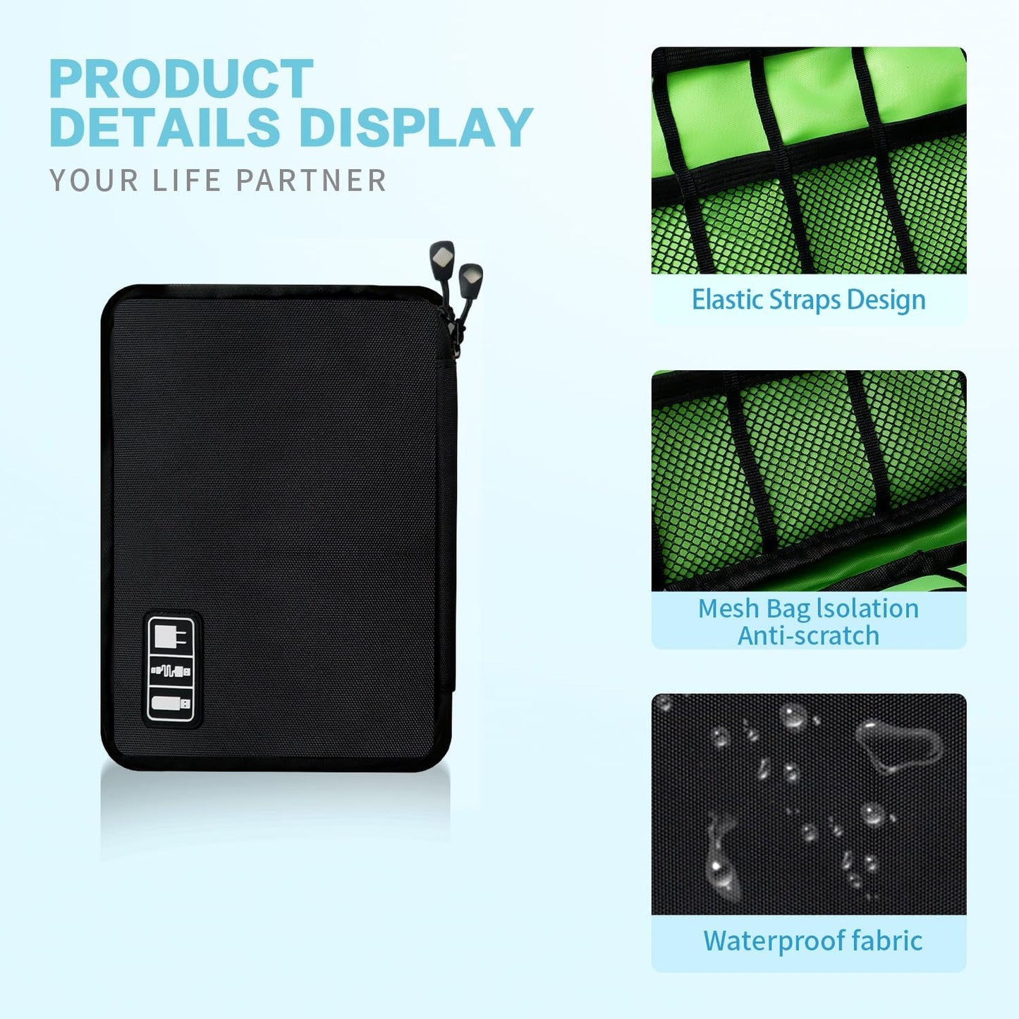 Electronics Travel Organizer,Portable Waterproof Electronic Travel Storage Bag for Small Charging Cord Storage,Charger,SD Card etc,for Travel,Business -Black Green
