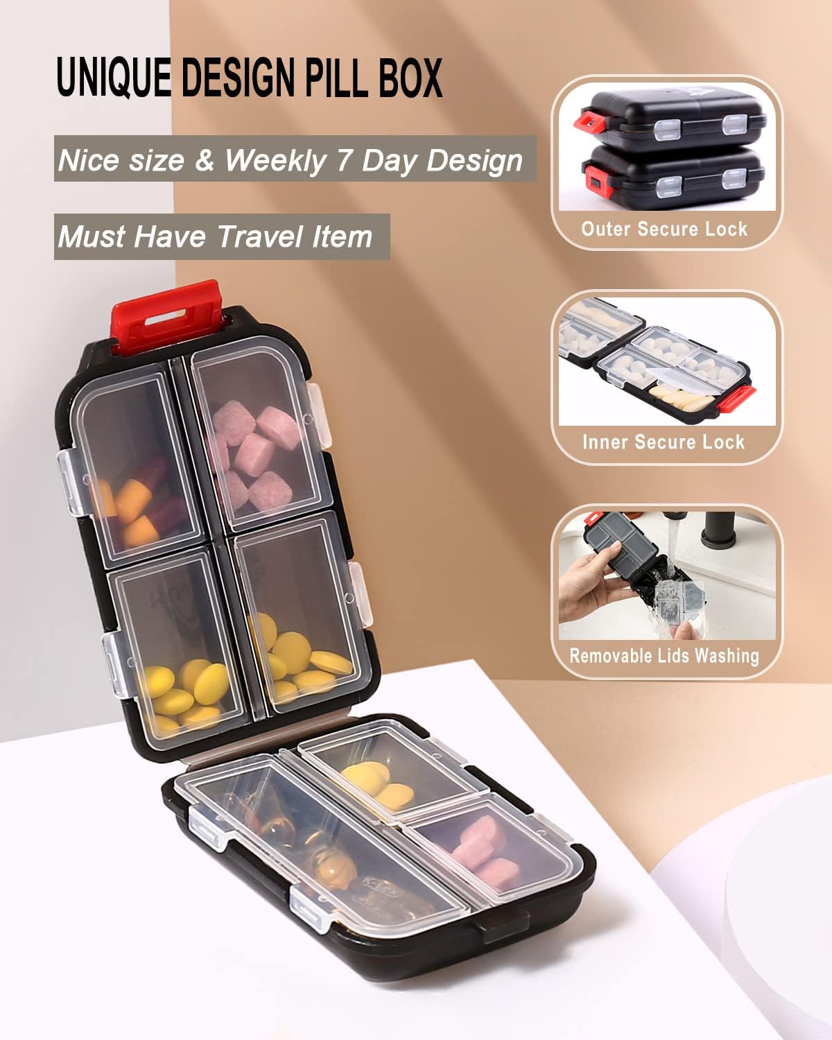 2PS Weekly Pill Organizer Small Folding Box 7 Day BPA-Free Daily Pill Container Foldable Travel Pill Case with Lock Pill Holder， Medicine Organizer for Purse Pocket to Store Vitamin Etc (Black)