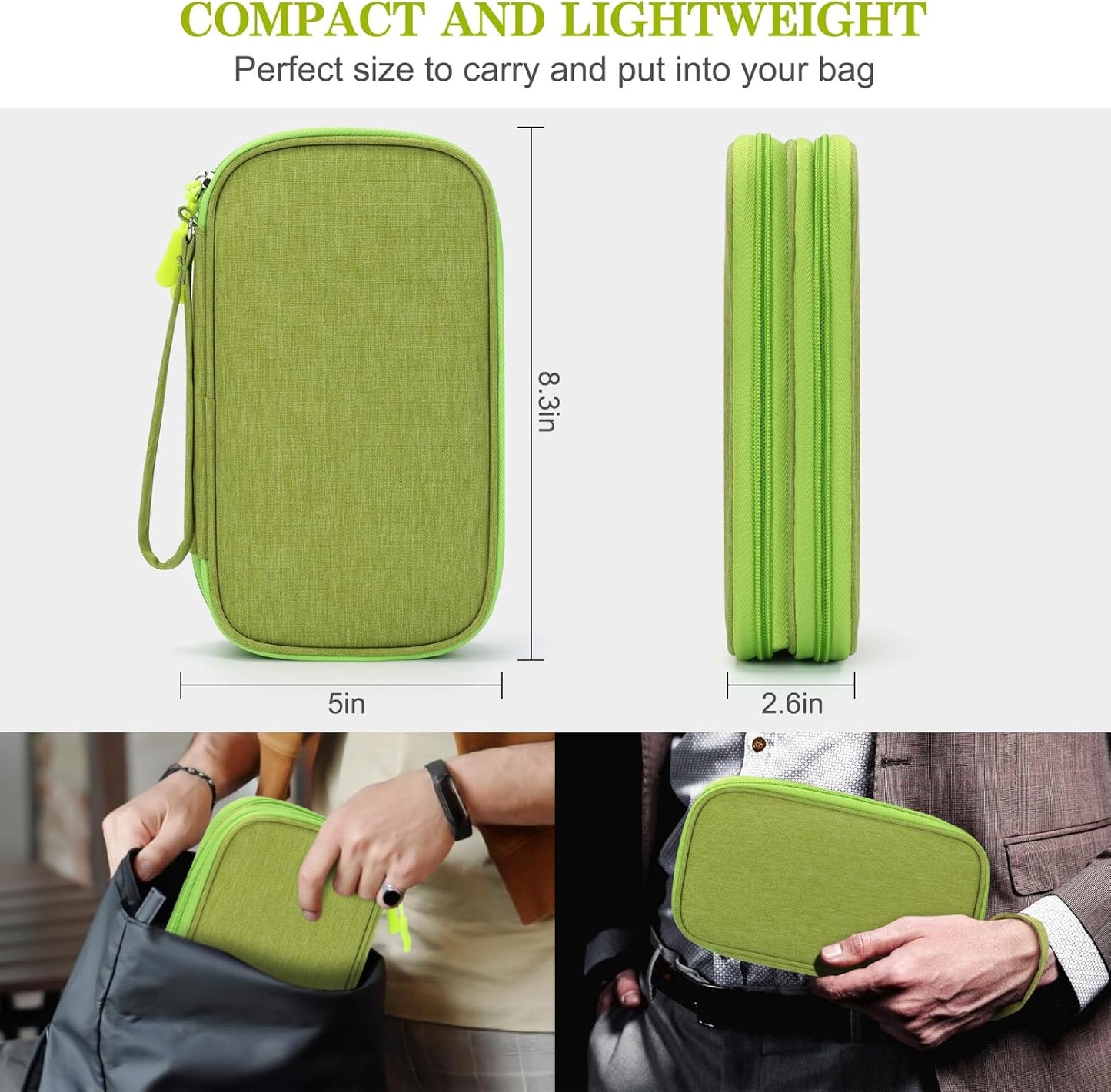FYY Electronic Organizer, Travel Cable Organizer Bag Pouch Electronic Accessories Carry Case Portable Waterproof Double Layers Storage Bag for Cable, Cord, Charger, Phone, Earphone, Large Size, Green