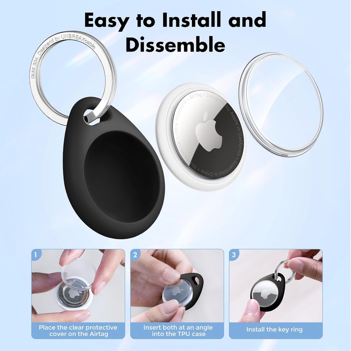 UNBREAKcable Holder for Apple AirTag 4 Pack [Hold Air Tag Securely] [Easy to Install] [Fit Tightly Design] Protective Case Waterproof TPU Shell with 304 Stainless Steel Key Ring Keychain, Black