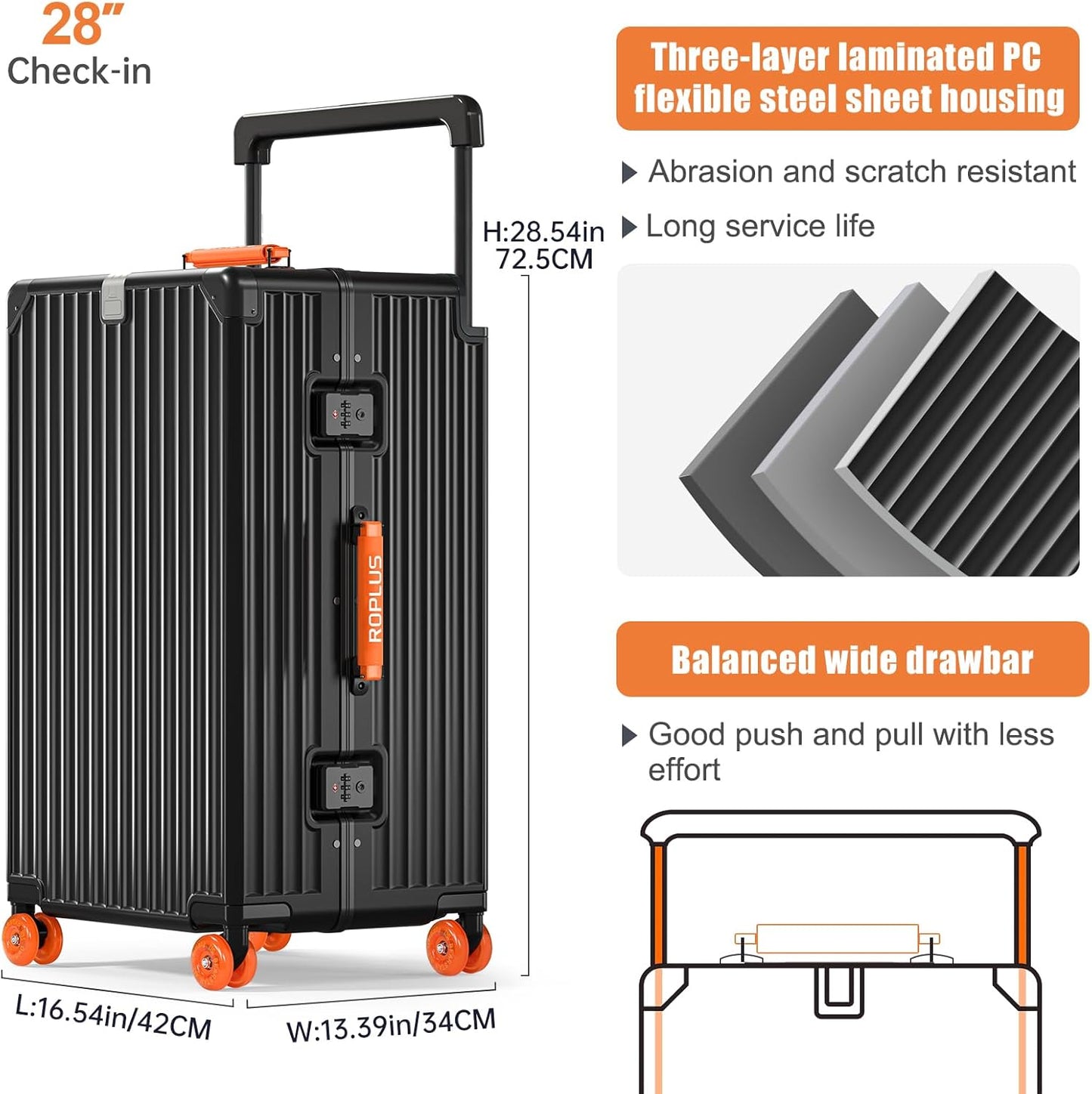Aluminium Frame Checked- In Luggage with Smooth Jelly Wheels, Hardside Zipperless Rolling Suitcase with TSA Lock (BlackOrange, 28-Inch)