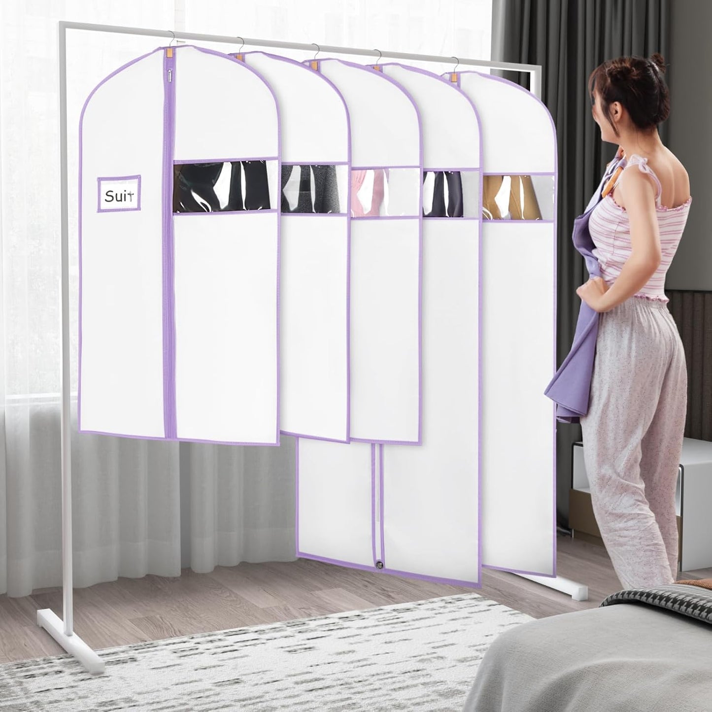 Syeeiex 40" Suit Bag(Set of 8), Garment Bags for Hanging Clothes, Suit Bags for Closet Storage, Garment Bags for Suits, T-shirts, Jackets, Coats, Business Wear(White & Purple)