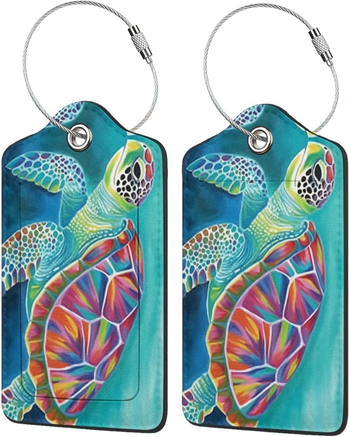 Sea Turtle Leather Luggage Tag with Stainless Steel Ring, Fun Name Id Card Cover Travel Bag Tag Set, Suitable for Travel Bag Luggage Women Men 1 PCS