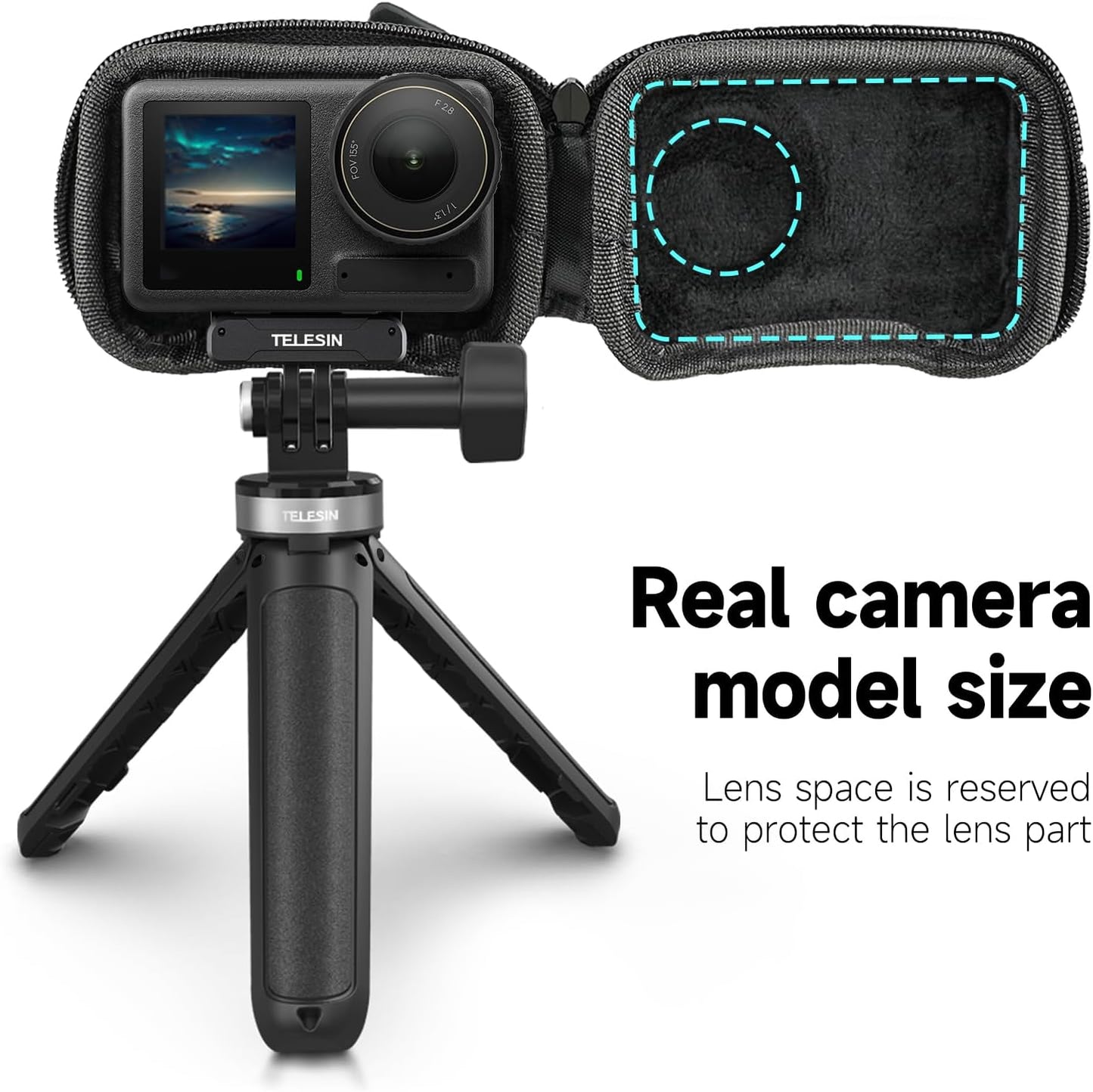TELESIN Mini Carry Case Lens Protector for DJI Action 5 Pro Action 4 Action 3 Insta 360 Ace Insta360 Ace Pro Accessories, Mini Protective Carrying Bag Half Zipper for Selfie Stick Tripod Accessory