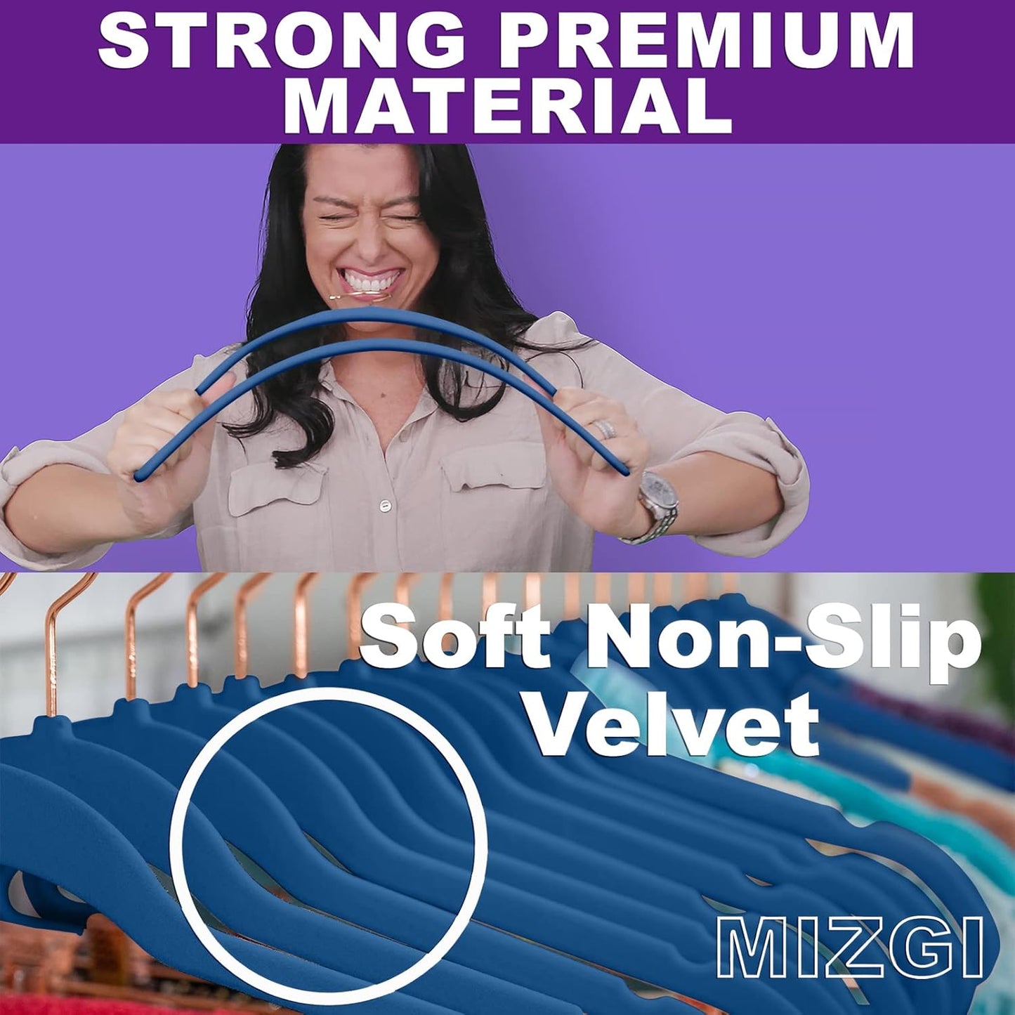 MIZGI Premium Velvet Hangers (50 Pack) Heavy Duty - Non Slip Felt Hangers - Velvet Suit Hanger Mediterranean Blue - Rose Gold Hooks,Space Saving Clothes Hanger