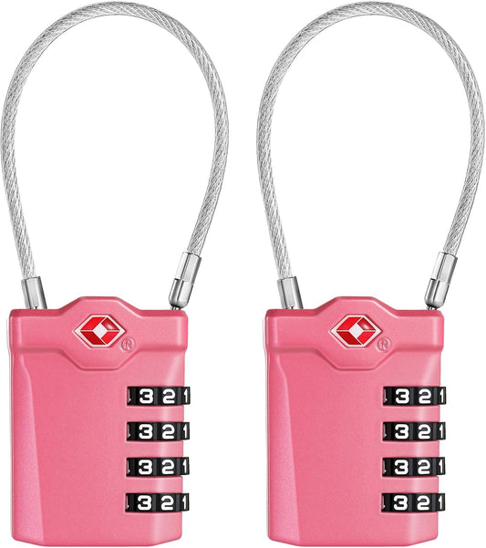 ZHEGE Travel Locks TSA Approved, 4 Digit Cable Luggage Locks with Inspection Indicator for Suitcase, Backpack, Cabinet, Toolbox, Gym & School Locker (2 Pack, Pink)