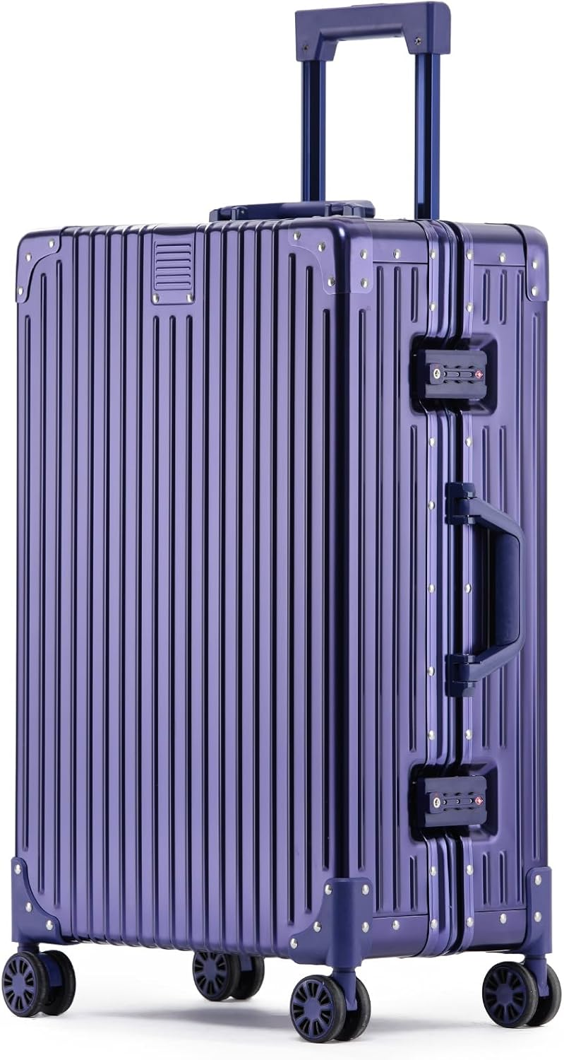 Metal All Aluminum Carry-on Luggage TSA Customs Lock Zipperless Silent Rotary Wheel Business Suitcase Aluminum Frame Set (blue, 24 '')
