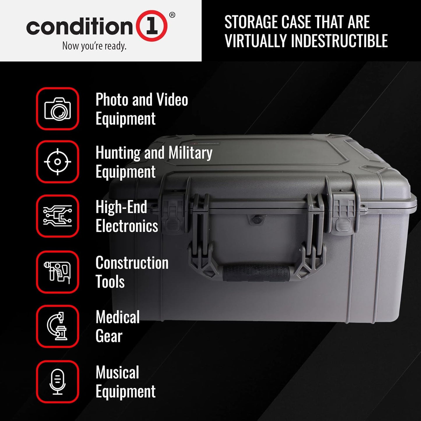 Condition 1 25" Large Heavy-Duty Protective Waterproof Hard Case Model 024, Portable Storage Box with Customizable Foam, Camera, Tool, Hunting, Made in USA, 24.27"x19.40"x13.57" Gun Metal Gray