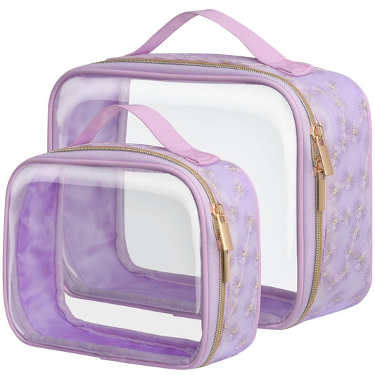 PACKISM Floral Texture Lace TSA Approved Toiletry Bag - 180° Opening Clear Makeup Bags in 2 Size, Clear Toiletry Bags with Handle, 0.5 mm Thick Non-deformable No Smell, Purple