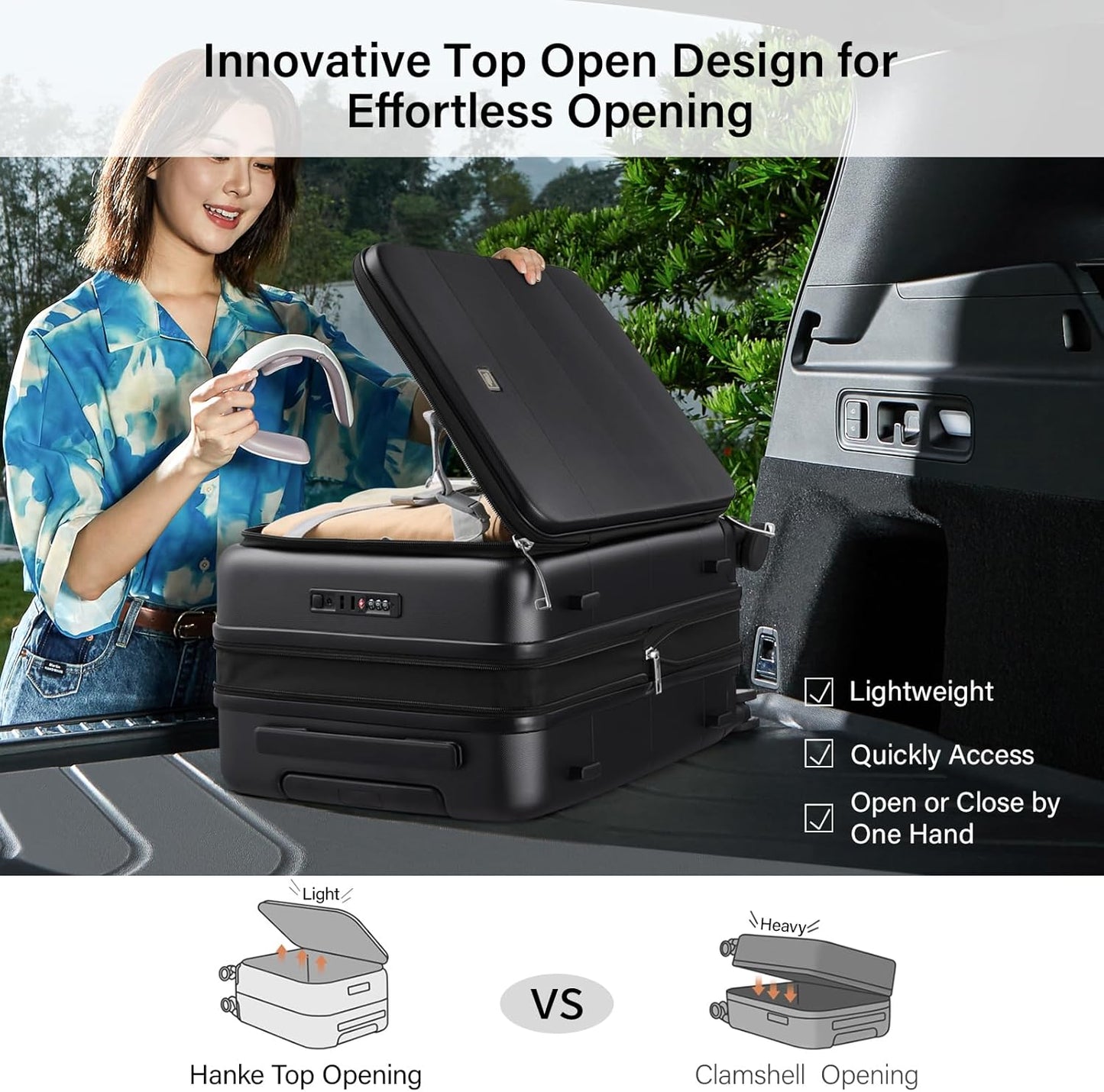 Hanke Hardside Expandable Carry On Luggage, 20 Inch Top Opening Trunk Luggages with Spinner Wheels, All-PC Hard Shell Carry-On Suitcase, Lightweight & TSA Airline Approved (Jet Black, 46L)