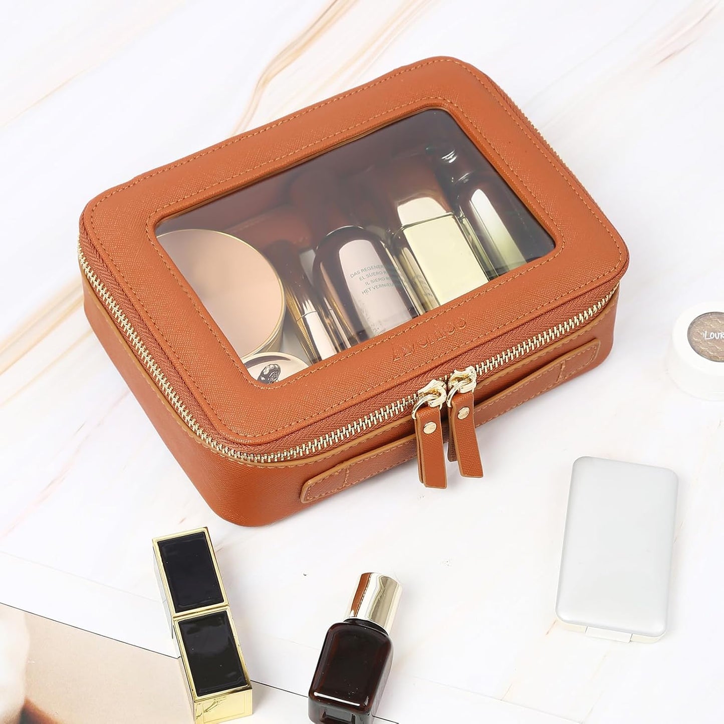 Aveniee Clear Makeup Bag, Travel Toiletry Case Car Accessories Organizer for Women, Heavy Duty Clear Pouch with Dual Zippers(Brown)
