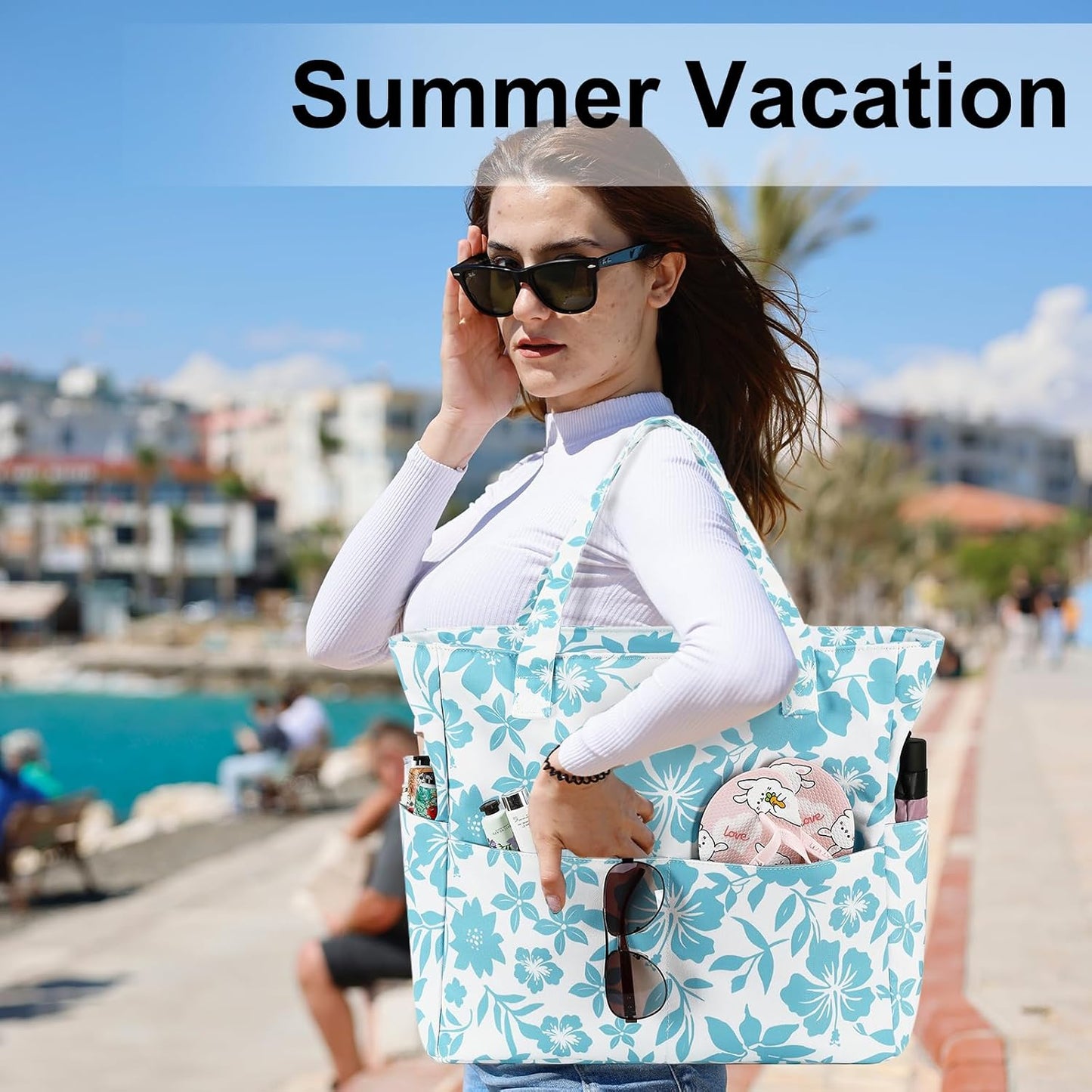 LEDAOU Large Beach Tote Bag Women Waterproof Sandproof Zipper Beach Tote Bag for Pool Gym Grocery Travel with Wet Pocket