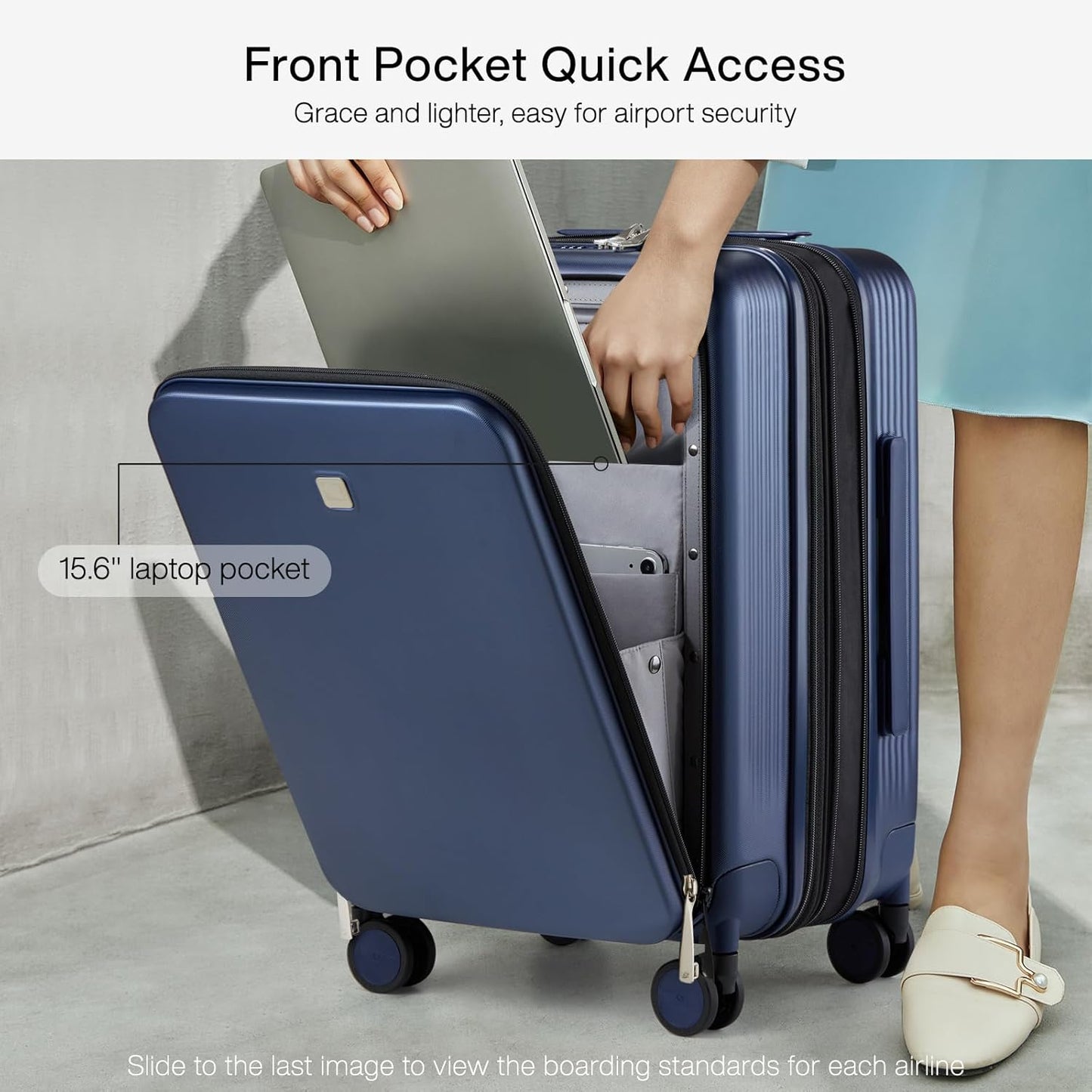 Hanke Grace Expandable Carry On Luggage with Wheels Airline Approved Hard Shell Suitcases with Front Pocket，Top Opening Luggage with TSA Lock for Short Business Travel, Dark Blue.