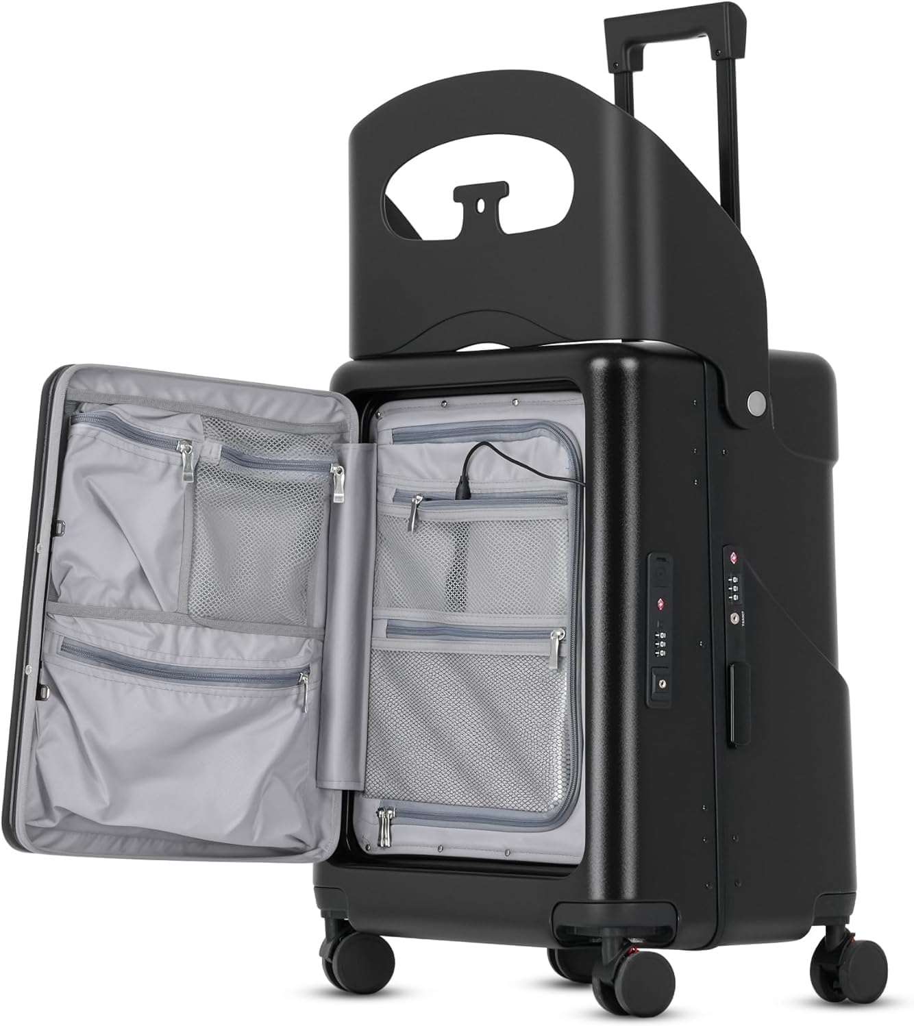 20" Carry-On Luggage with Seat for Kids & Adults, Lightweight Hardside Ride-On Suitcase with Front Opening, TSA Lock, 360° Spinner Wheels (Black, 20-inch)