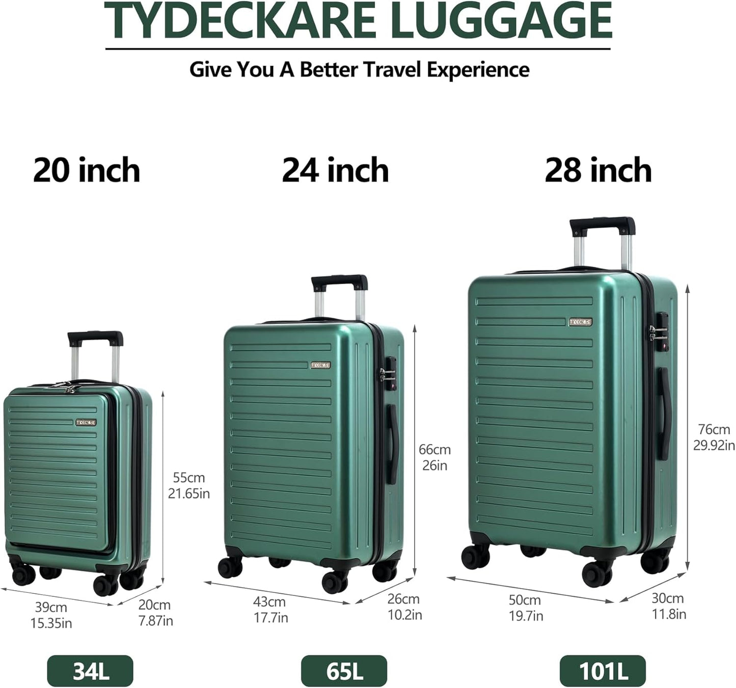 3Pcs (20/24/28) Luggage Set, HardShell Lightweight, Only 20" with Front Pocket, 21.65*15.35*7.87" Fits Overhead Cabin, 24" (26*17.7*10.2") and 28" (19.68*11.81*29.92") Checked Luggage, Green