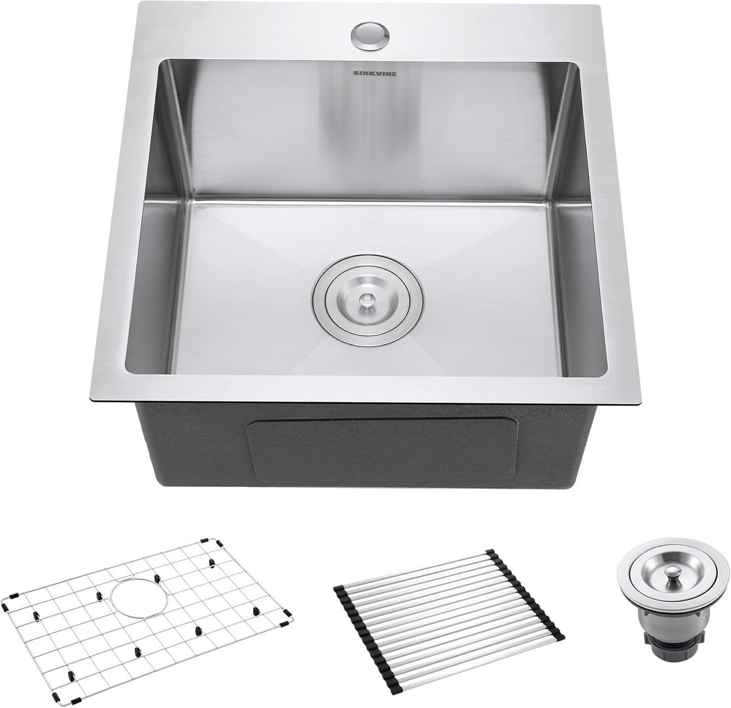 18-Inch Bar Sink Drop-In, SINKVINE Stainless Steel Kitchen Sink for Laundry Outdoor, RV, Top Mounted with Deep Single Bowl, 3.5" Drain Strainer, Bottom Rise Grid, Roll-up Drying Unit, 18 x 18 inch