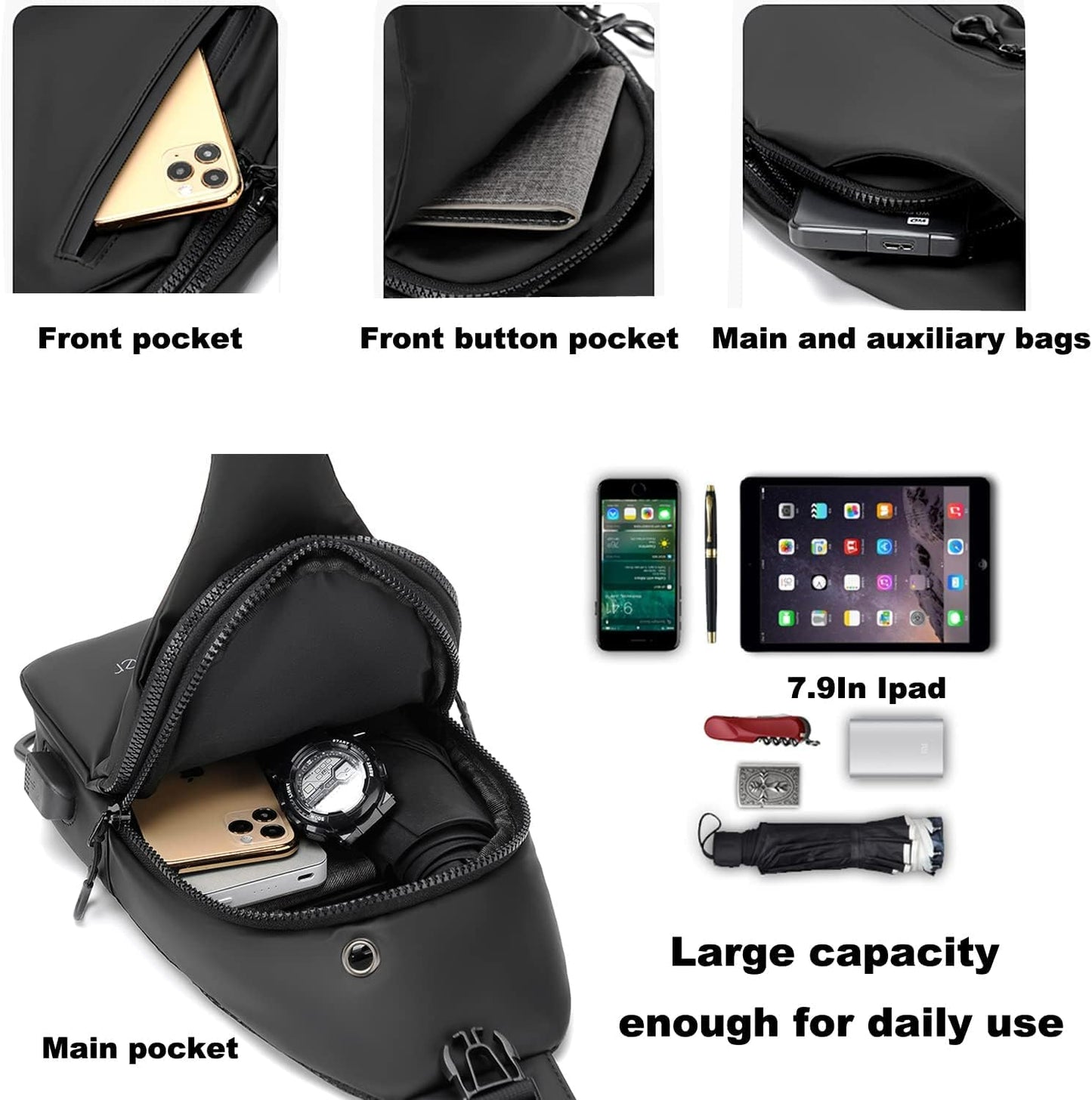 Waterproof Sling Bags Mens Shoulder Crossbody Backpack with USB Charging Port& Headphone,Outdoor Lightweight Bag