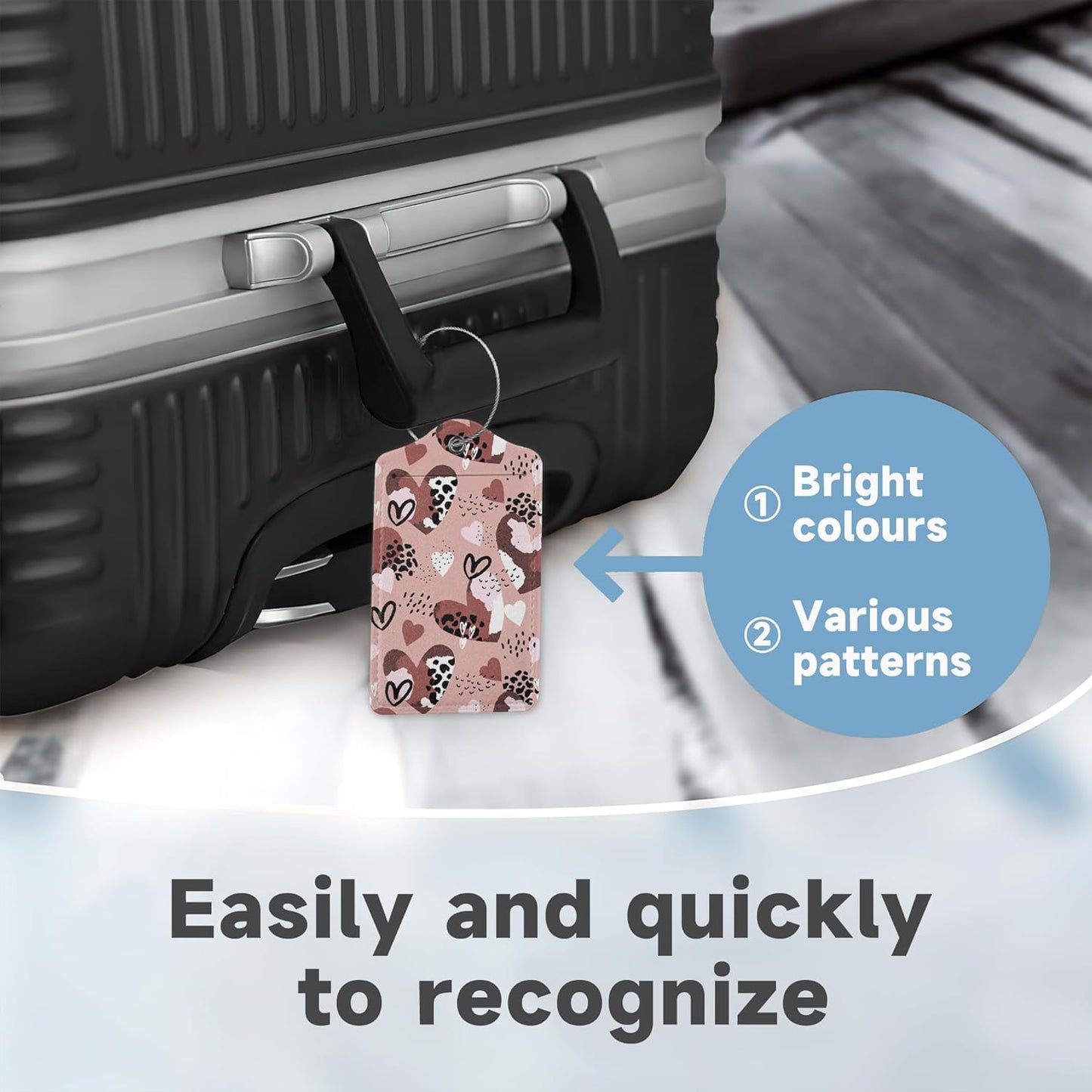 Set of 2 Luggage Tag for Suitcases LeatherAbstract Leopard Print Hearts Tags with Stainless Steel Loop Privacy Name ID Card Cover Travel Bag Labels Set for Women Men Kids Girls