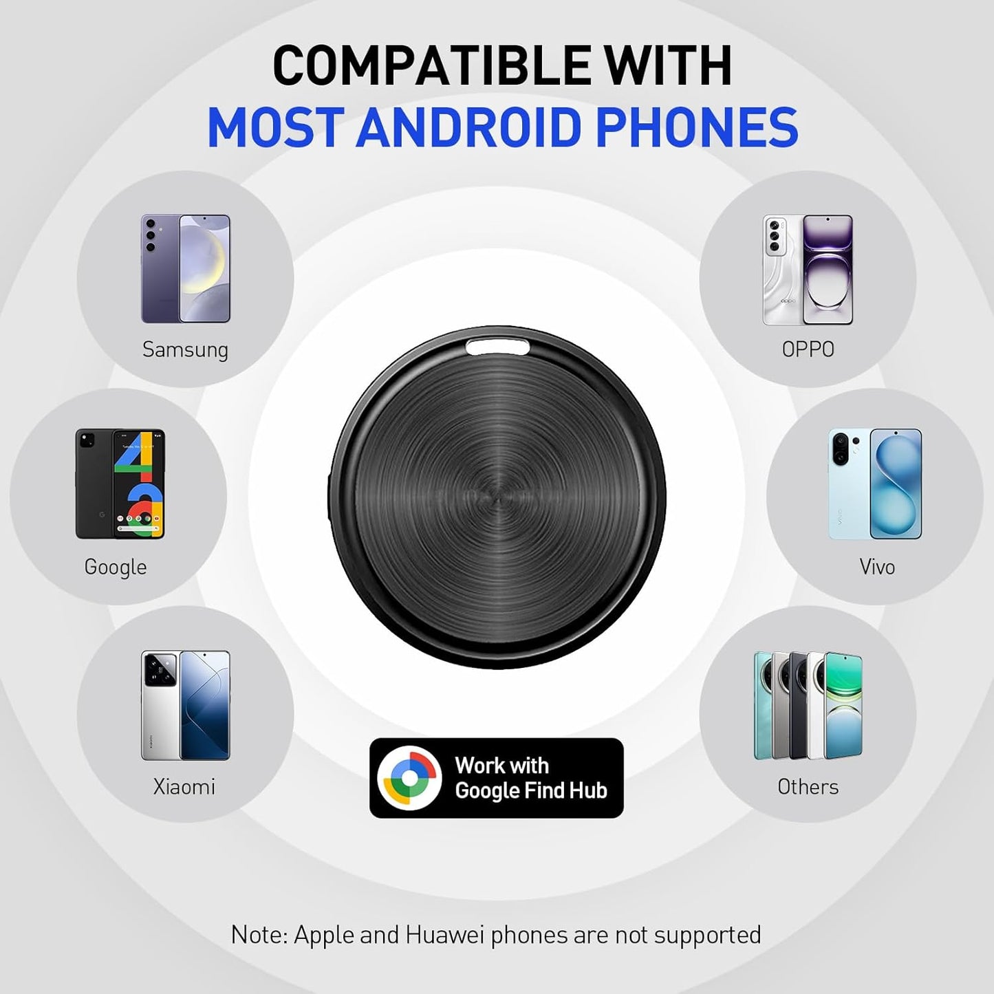 Android Tracker Bluetooth Smart Tag, Works with Google Find Hub App (NOT for iOS or Huawei), Replaceable Battery, Item Finder for Keys/Luggage/Suitcase/Backpack/Wallet, Black, 4 Pack