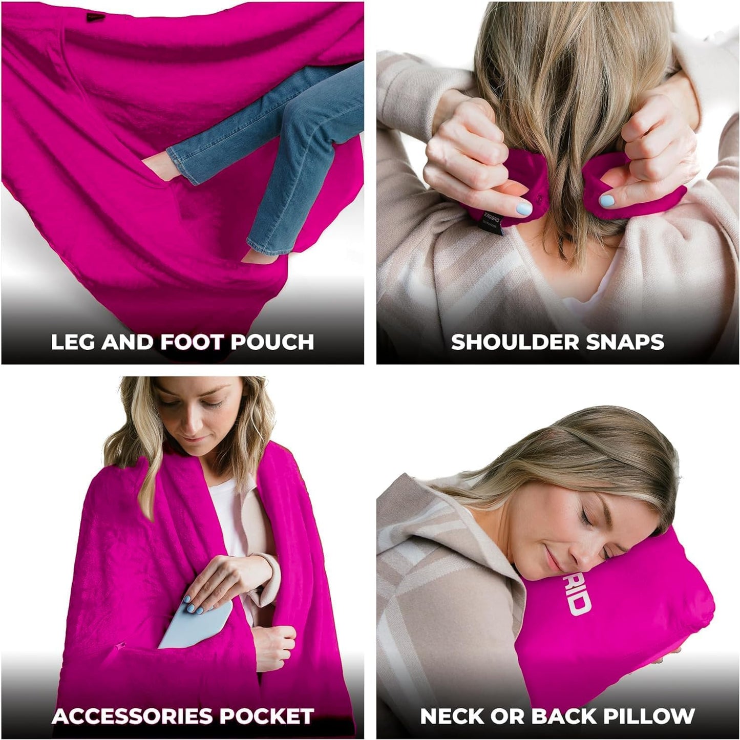 Lightweight Travel Blanket - Premium & Compact Airplane Wearable Blanket with Neck Snaps, Cozy Foot Pockets, Zipper Pouch - Converts into Soft Pillow - Designed for Ultimate Comfort - Hot Pink