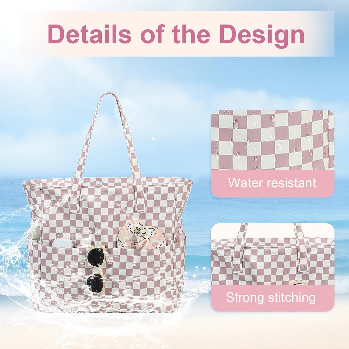 LEDAOU Beach Bag Waterproof Sandproof Women Tote Bag Pool Bag with Zipper for Gym Grocery Travel with Wet Pocket