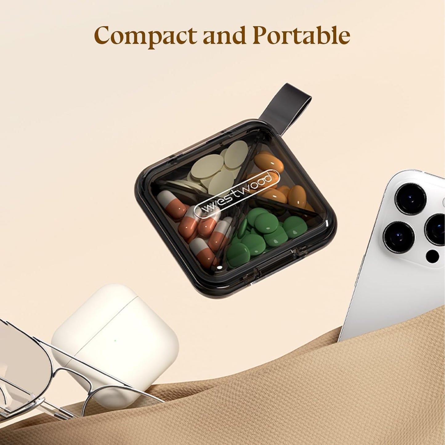 1 Pack Purple Pill Organizer with Strap, 4 Compartments, Compact Travel Pill Box Case, Portable and Moistureproof to Store Vitamins, Medication and Supplements