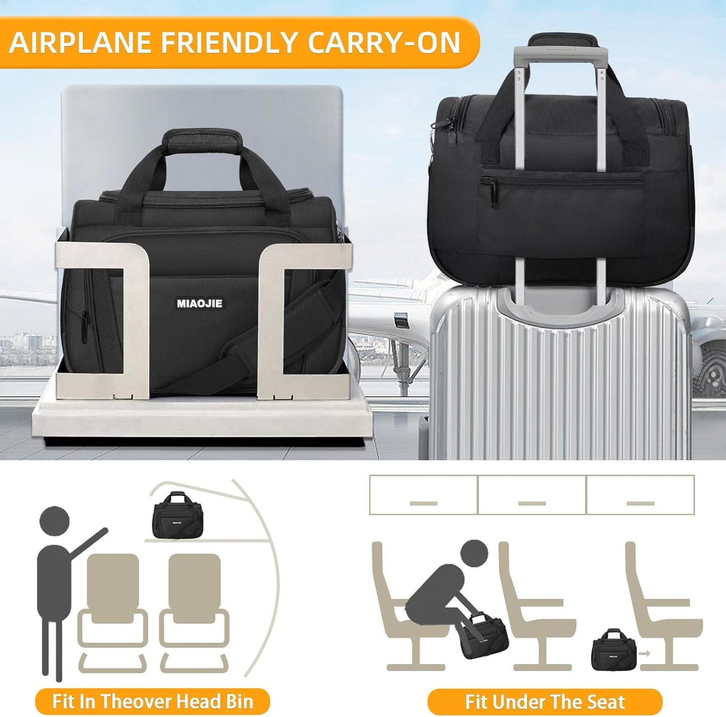 Underseat Carry On Luggage Lightweight Travel Tote Weekender Bag Overnight Duffle Bag for Travel, Travel Essentials Personal Item Travel Bag for Women and Men,Black-16Inch