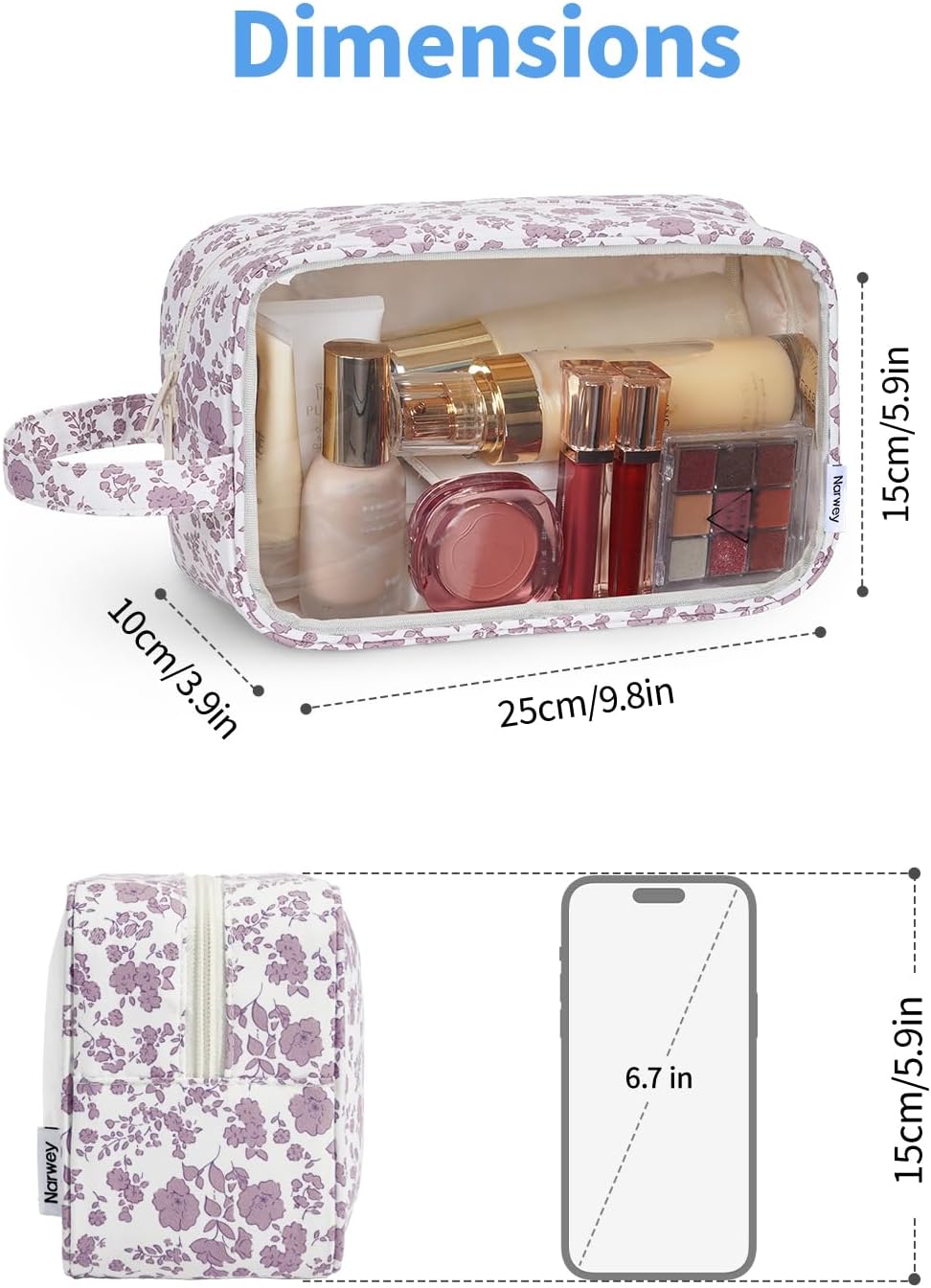 Narwey Clear Toiletry Bags for Traveling Women Men, Clear Travel Bags for Toiletries Makeup Bag Cosmetic Bag with Zipper, Make Up Organizer, Skincare Bag (Little Dusty Pink Flower)