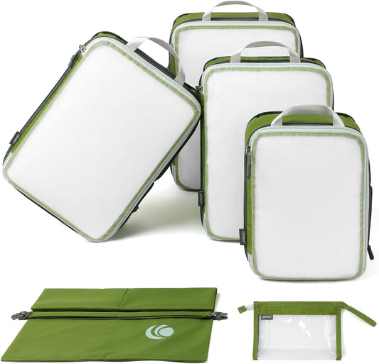 Cipway Compression Packing Cubes, See Through Mesh Luggage Organizer Bags, Travel Essentials for Carry on Suitcase with Laundry Bag and Clear Toiletries Bag（6 Pcs,Green）