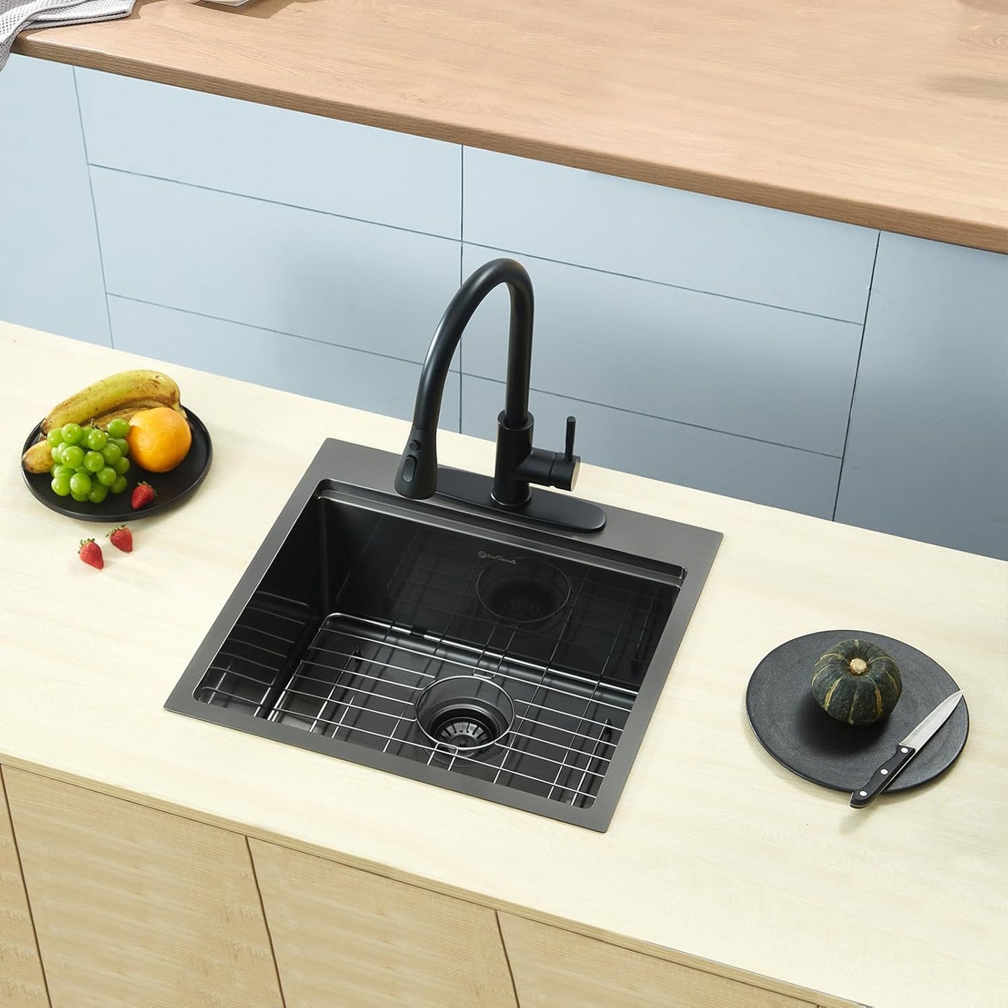21 x 20 x 10 Drop-in Kitchen Sink - 16 Gauge Gunmetal Black Stainless Steel Workstation Single Bowl With Cutting Board