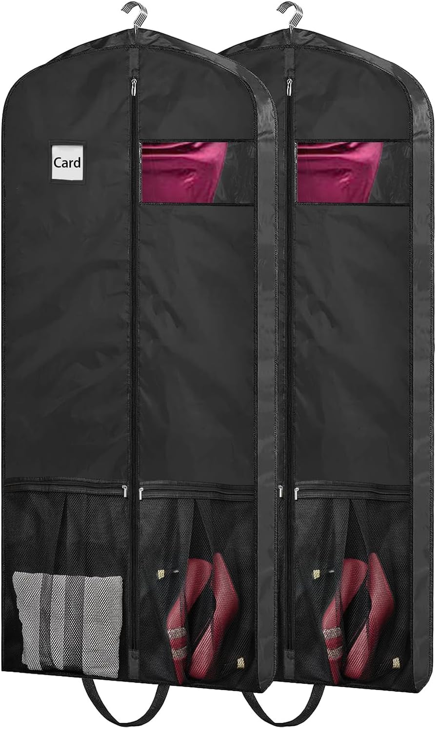 54" Garment Bags for Travel, 2 Pack Dress Bag for Hanging Clothes Storage with Pockets and Clear Window, 4" Dress Storage Bag for Long Coat, Jacket, Sweater, Shirts, Suits