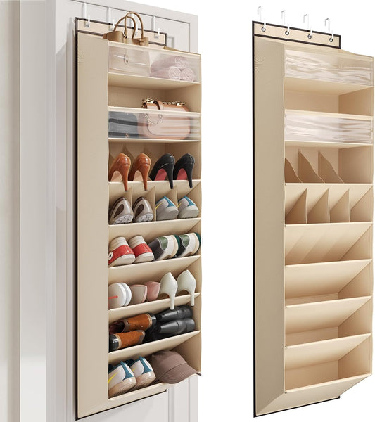 Over the Door Shoe Organizer for Closet, Shoes Rack with 8 Tier Large Deep Pockets, Hanging Shoe Organizers for Boot Storage, Behind the Door Narrow Shoe Holder for Small Shoes, Beige