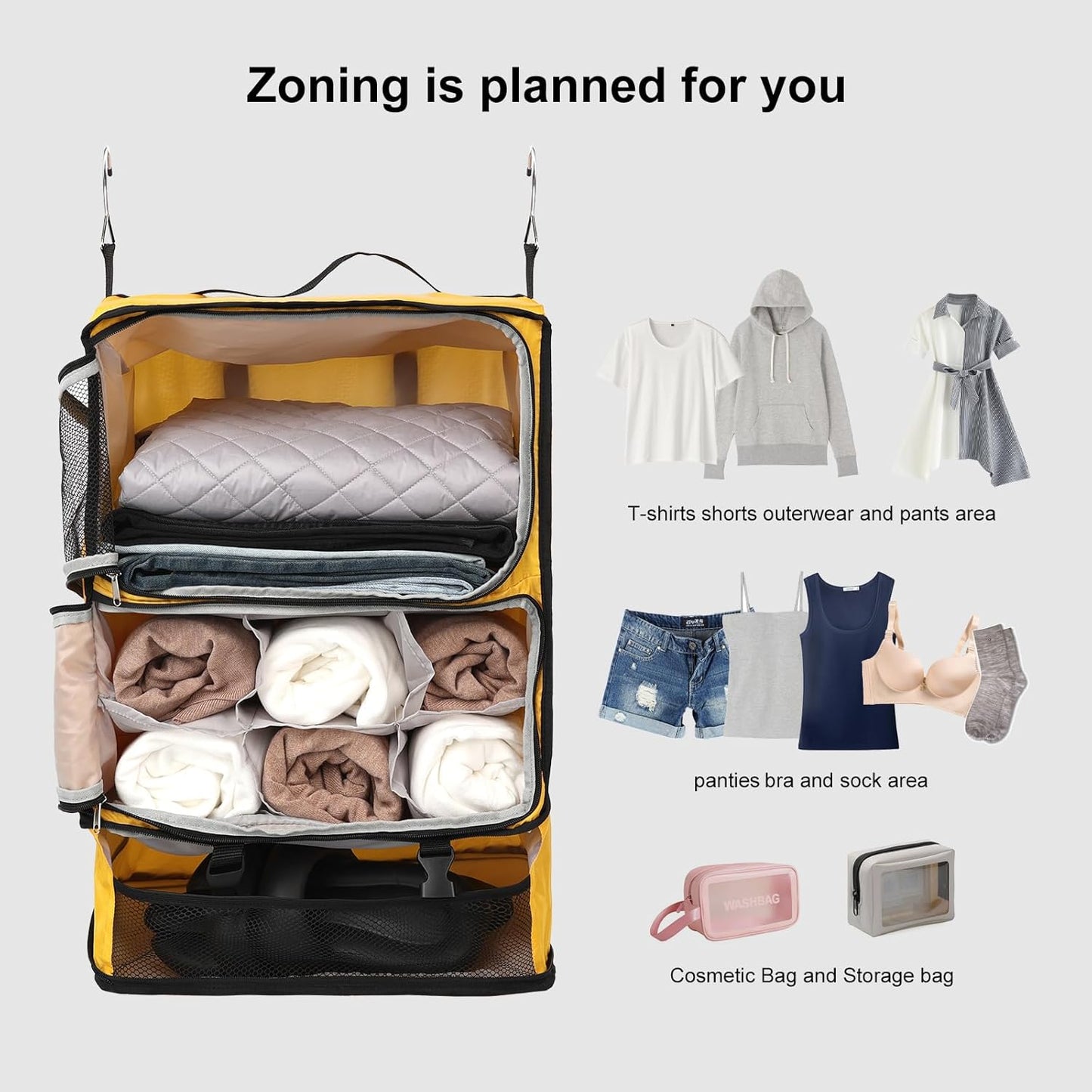 TABITORA Travel Portable Hanging Shelves Closet Organizer Packing Luggage Storage with Multifunctional and Foldable Invisible Compartment,Lightweight, for Suitcase, RV,Closet…Yellow,XXL