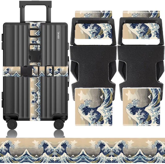 2 Pack Luggage Straps for Suitcases Adjustable Luggage Belt TSA Approved, Bright Colors Travel Packing Straps with Quick Release Buckle Unique Nylon for Sleeping Bag Car Seat, Wave