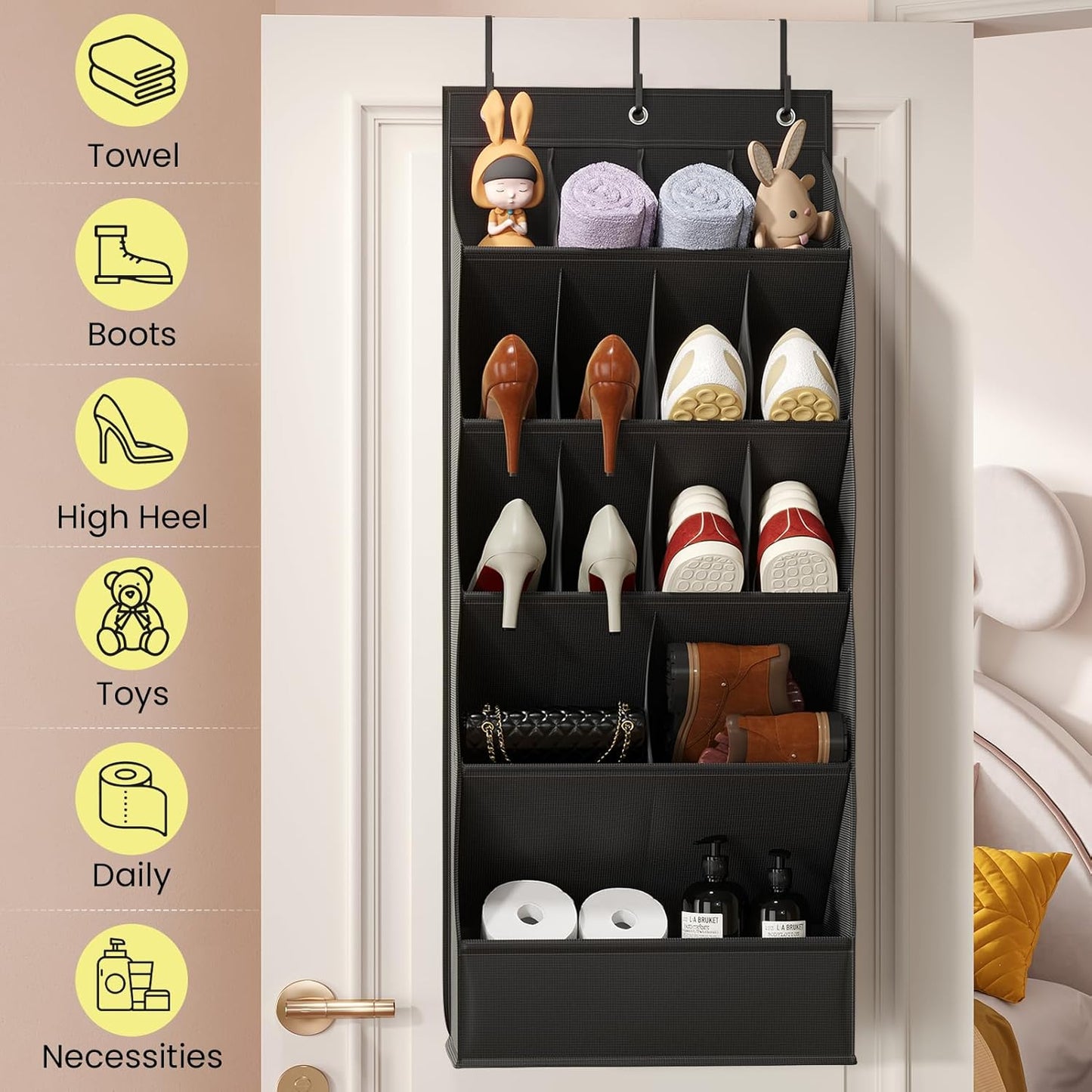 Over the Door Shoe Organizer for Closet, Shoes Rack for Closet with 15 Large Pockets, Hanging Shoe Organizers for Boot Storage, Behind the Door Narrow Shoe Holder for Small Shoes, Black